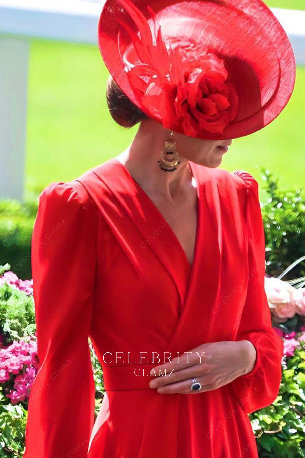 Kate Middleton striking red v neck prom dress royal ascot