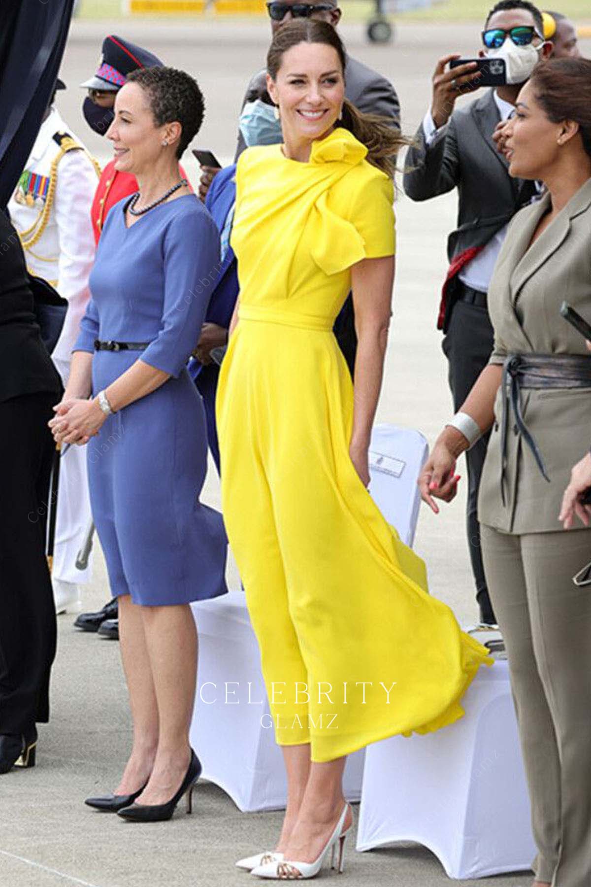 Kate yellow a line formal dress watching Wimbledon final