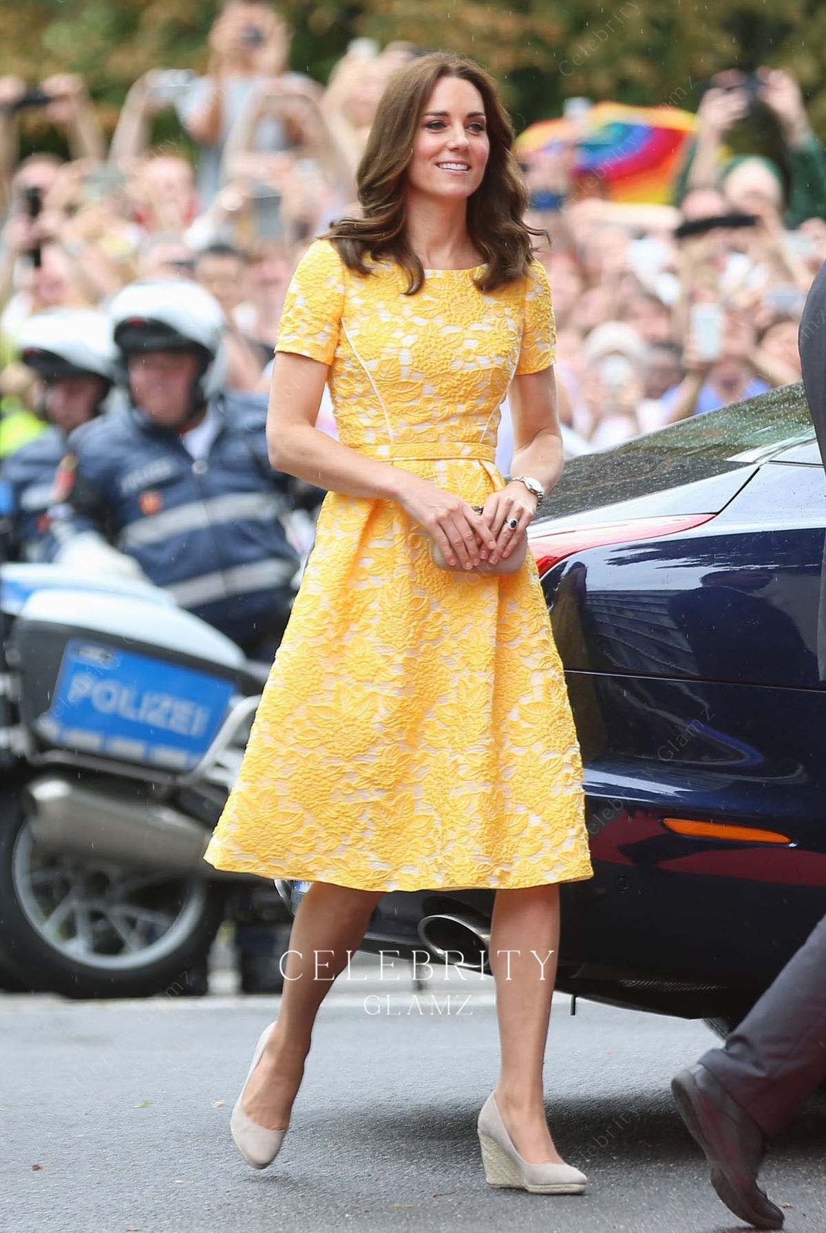 Kate yellow lace a line dress Paris Germany royal tour 2017