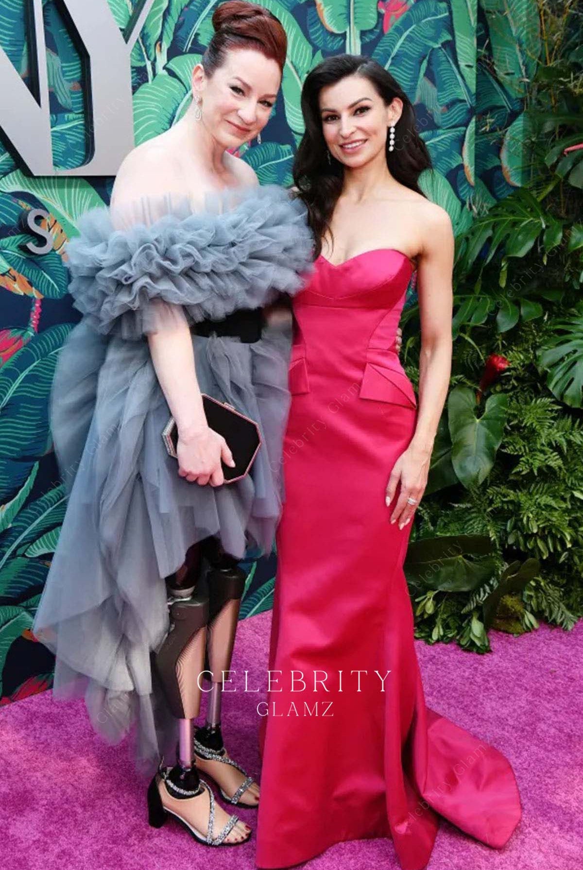 Katy Sullivan grey off shoulder tulle prom dress 76th tony awards