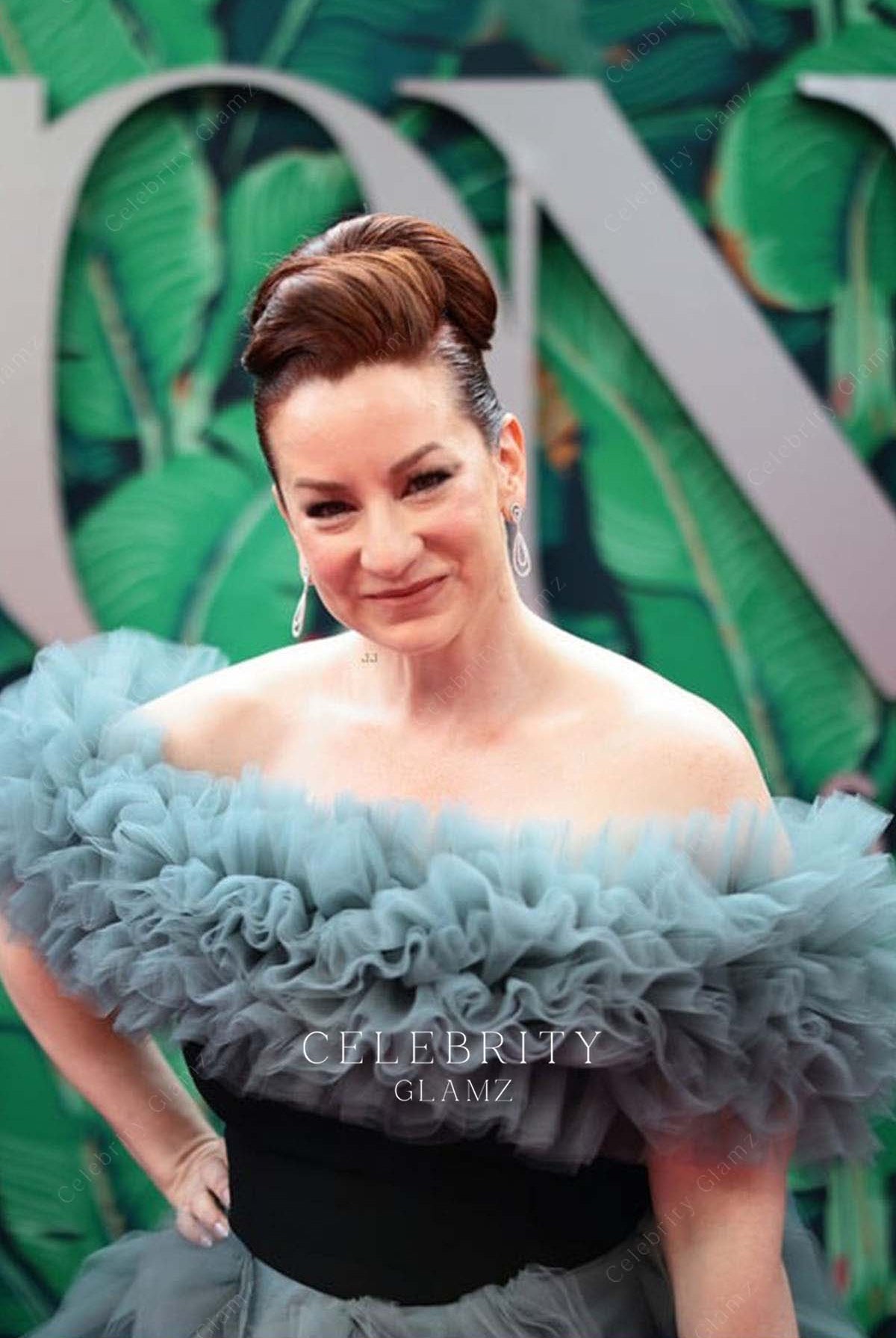 Katy Sullivan ruffled neckline formal dress 76th tony awards