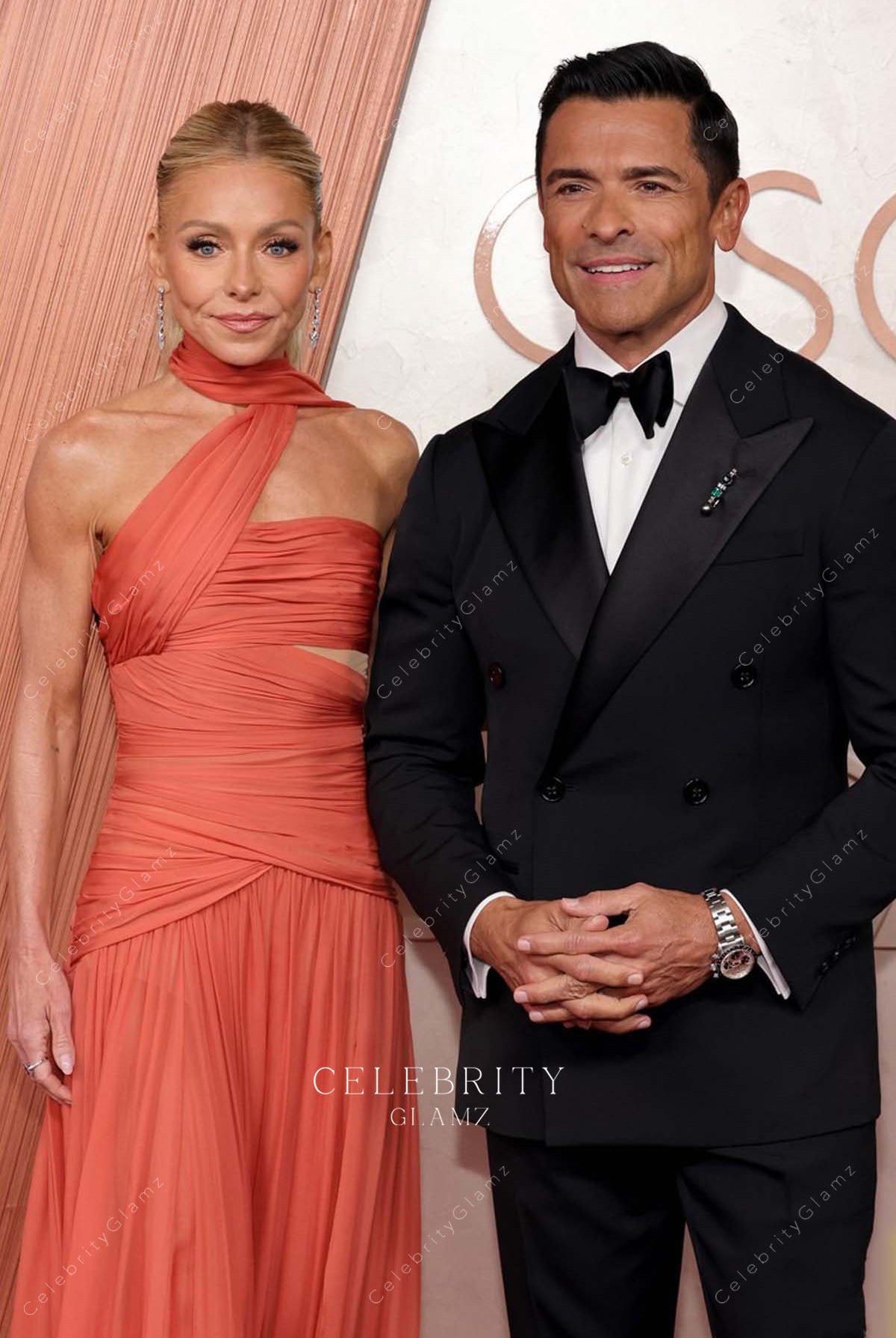 Kelly Ripa asymmetrical neckline 2025 Oscars red carpet prom dress