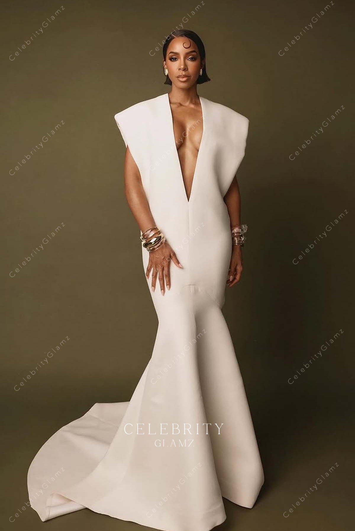 Kelly Rowland white 2025 plunging neck Vanity fair party dress