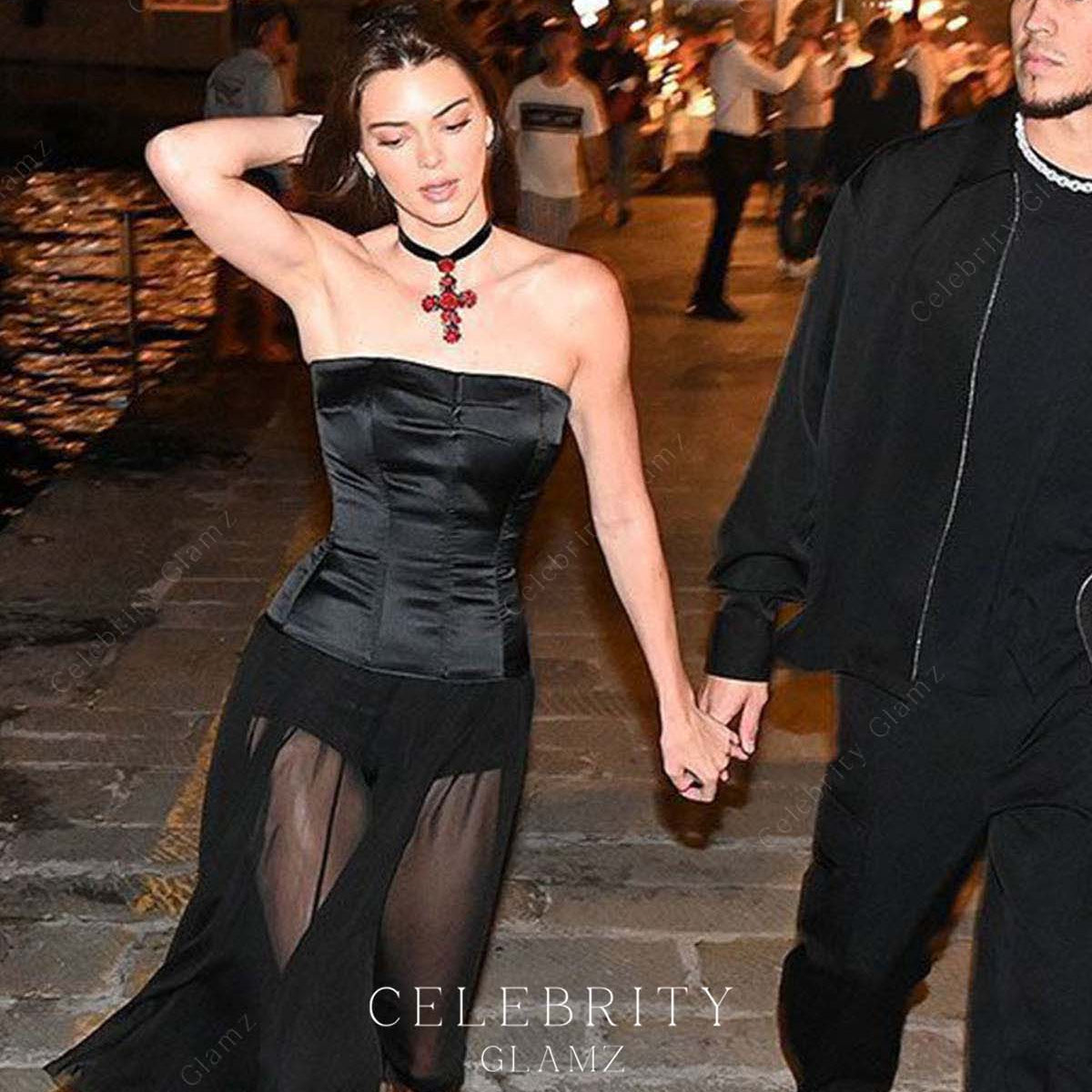 kendall jenner black strapless dress 2022 Family Dinner Satin – Celebrity Glamz Color:Ink_Blue length skirt AX Paris Burnt Orange trendingsocial