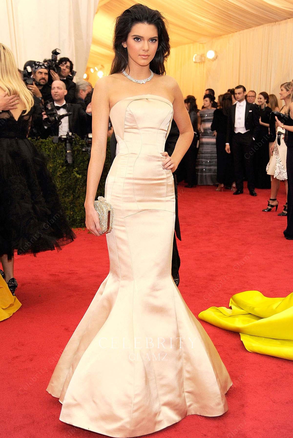 Kendall Jenner champagne trumpet prom dress met ball 2014