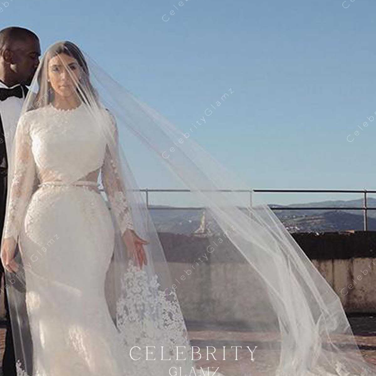 Kim Kardashian Lace Illusion Sleeve Mermaid Bridal Dress – Celebrity Glamz