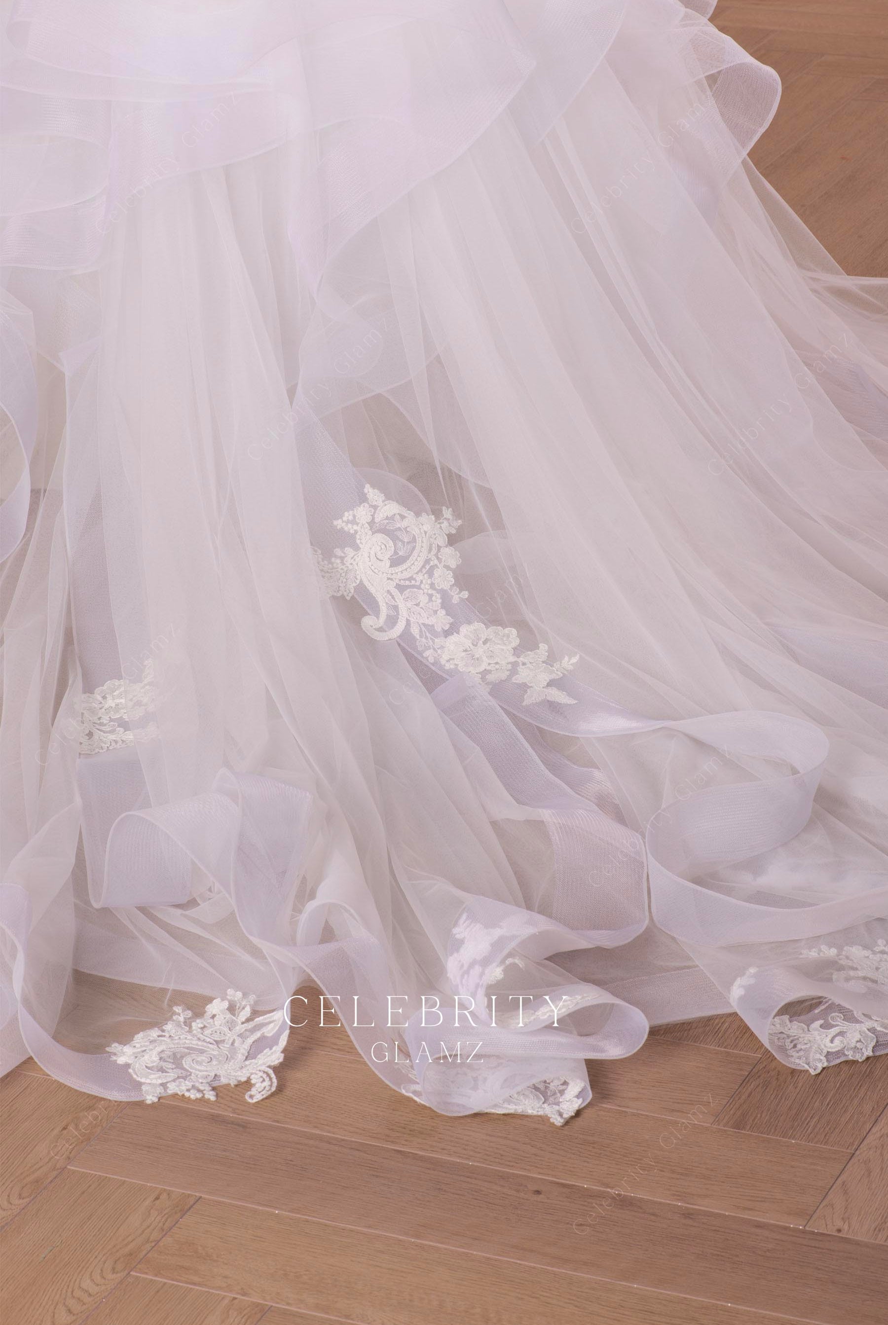 lace applique layered tulle wedding dress