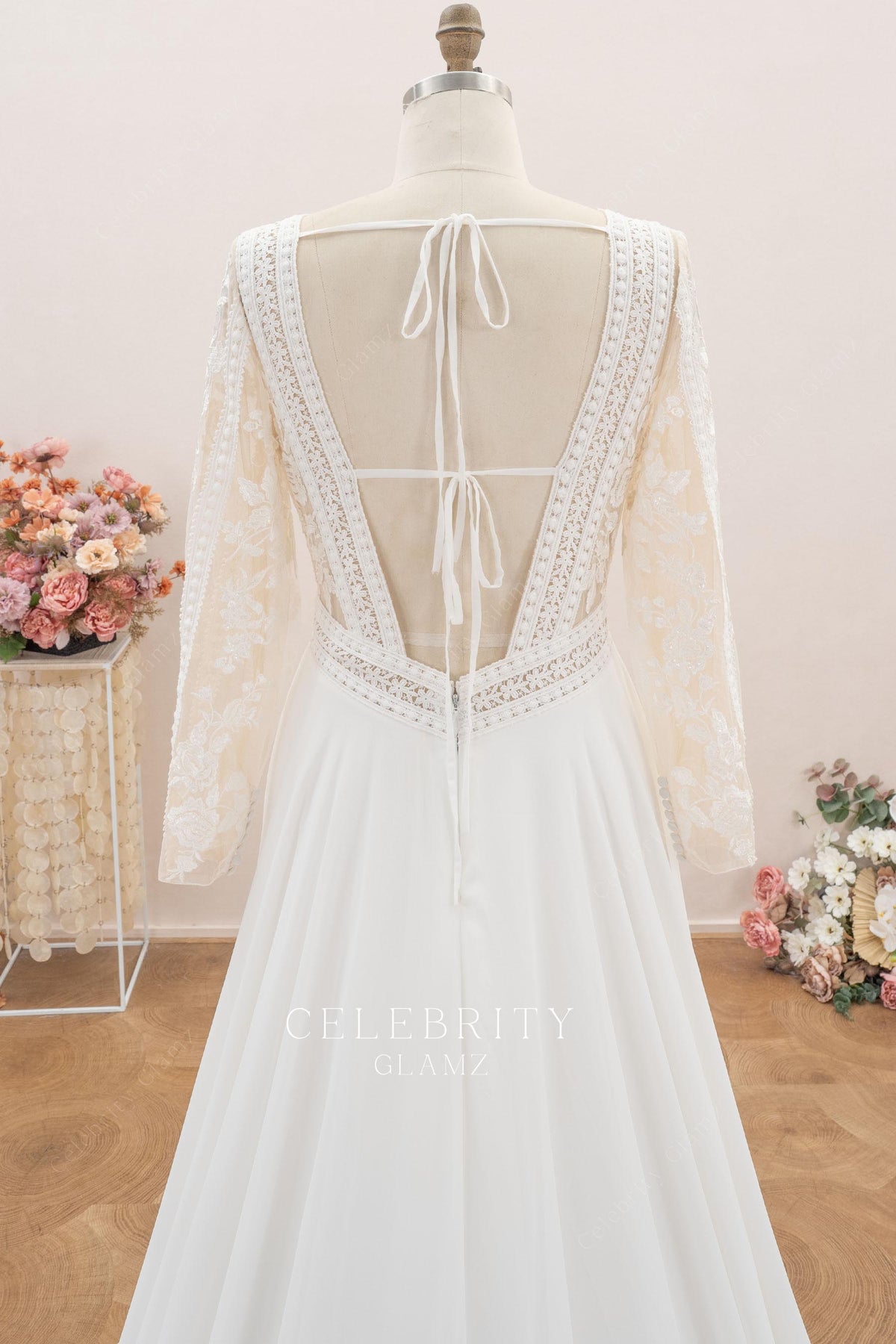 lace chiffon open back wedding dress