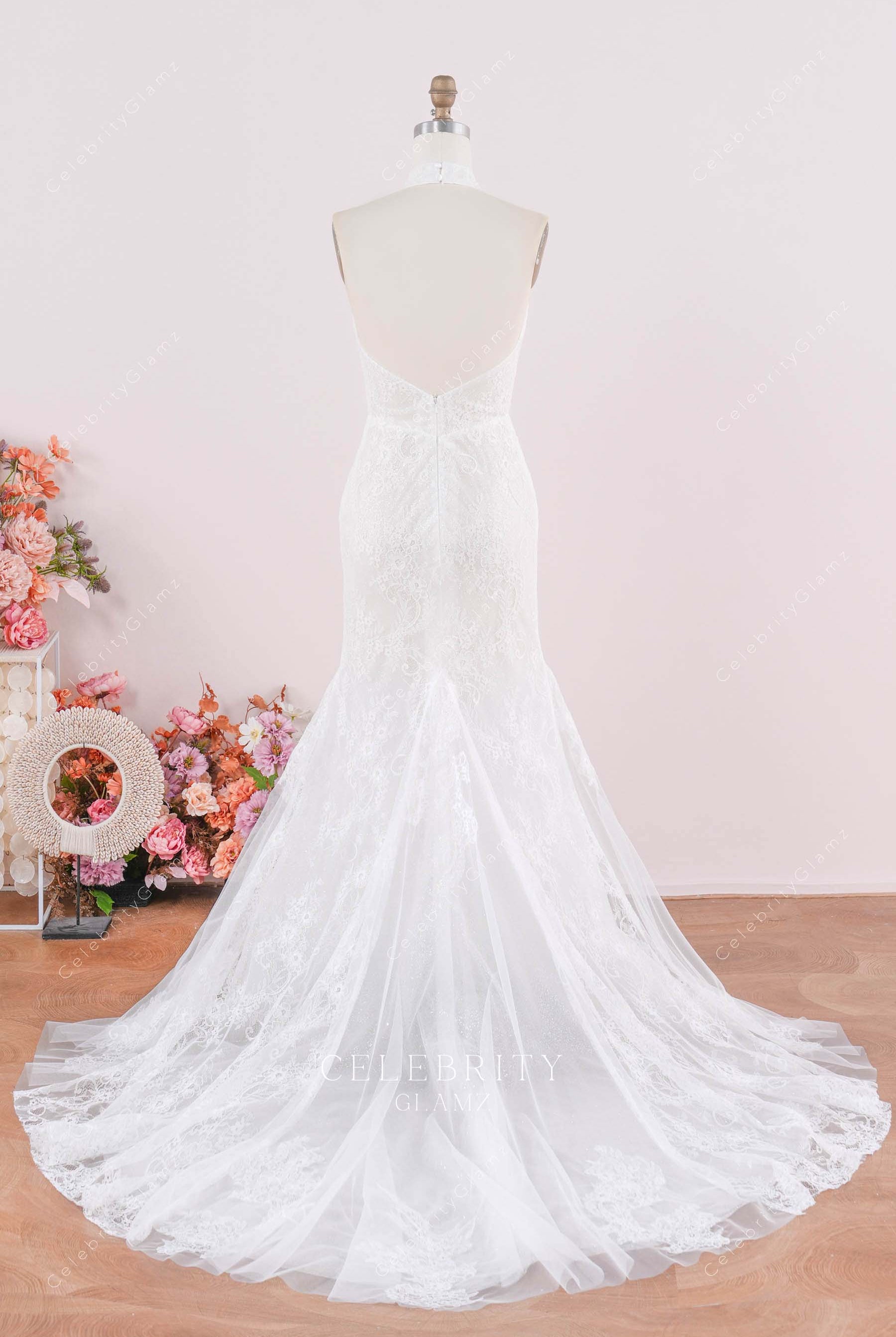 lace halter backless wedding dress