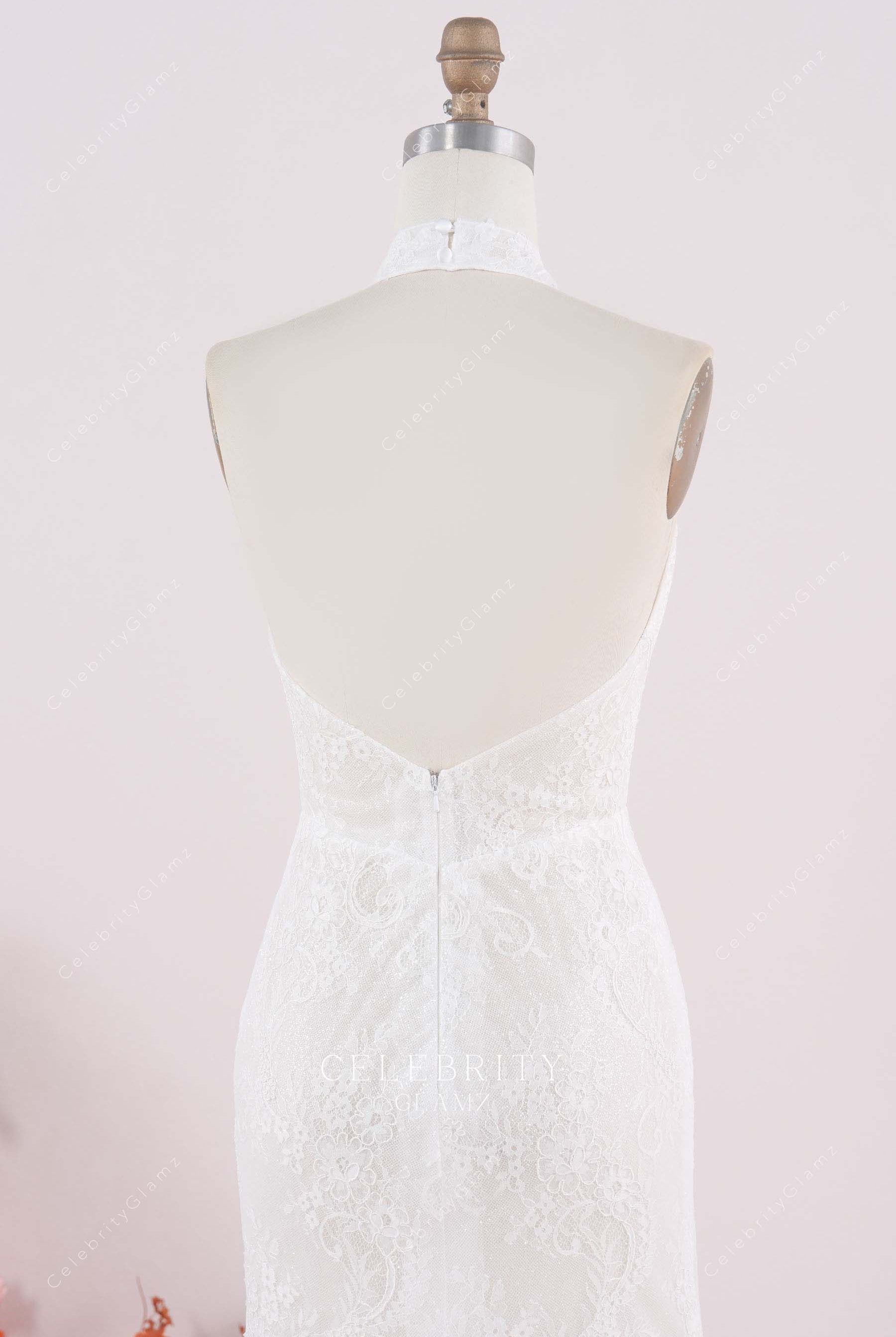 lace halter open back wedding dress