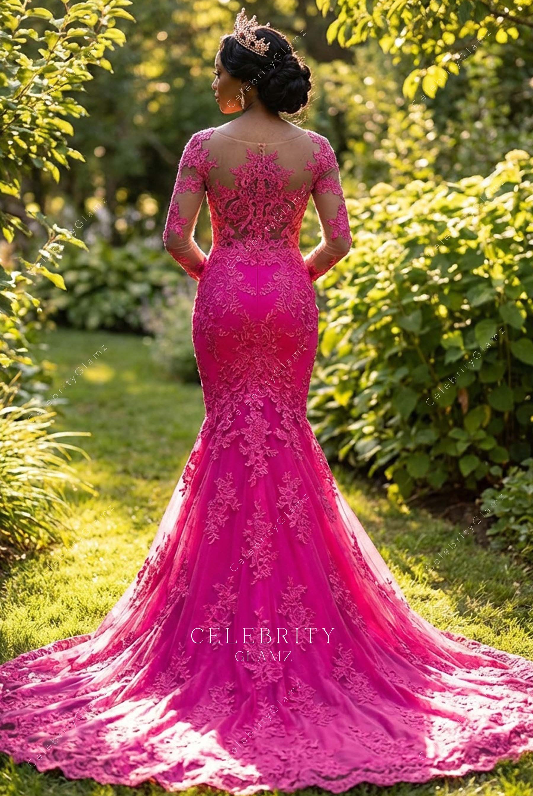 lace illusion back chapel train formal dress