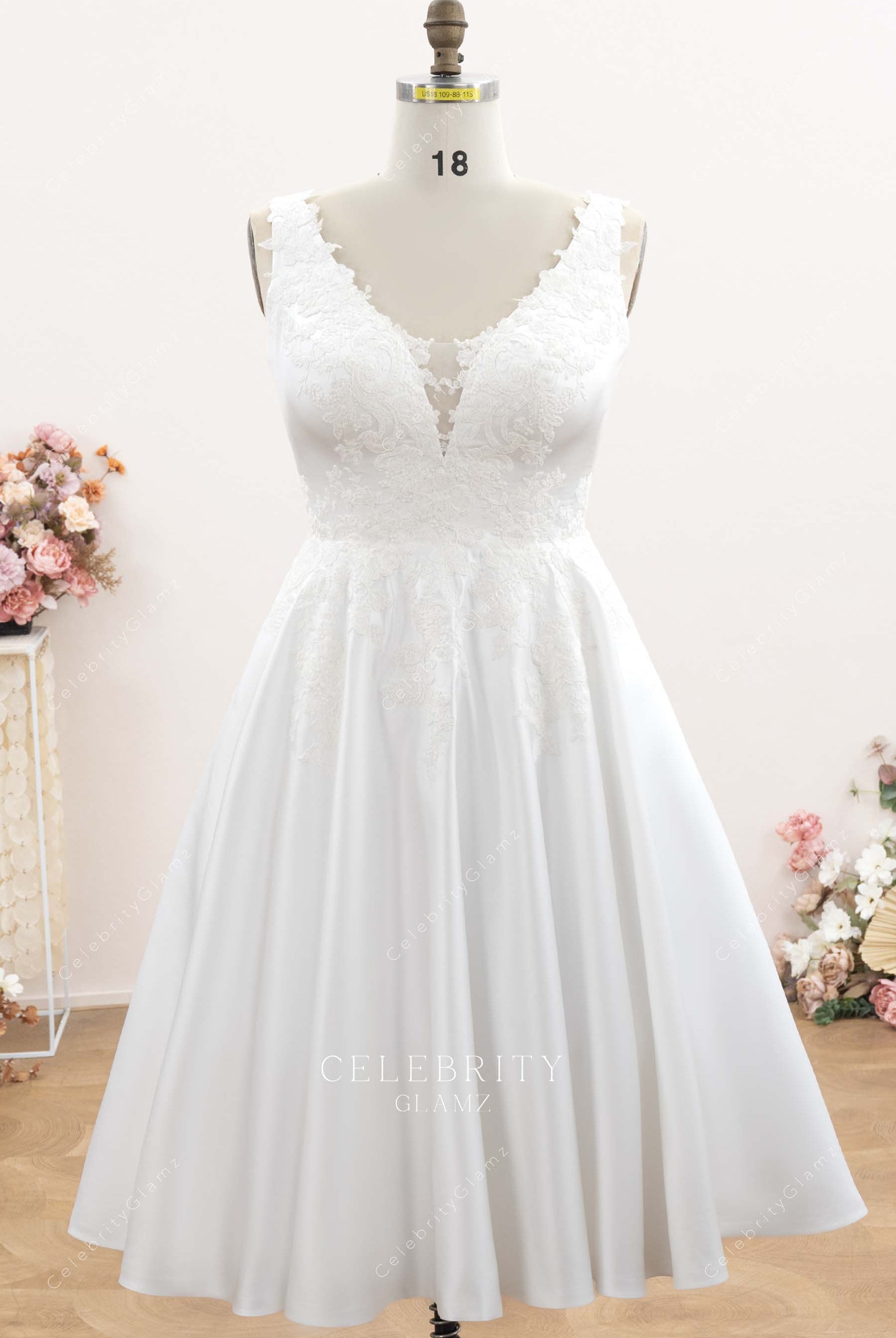 lace satin tea length wedding dress