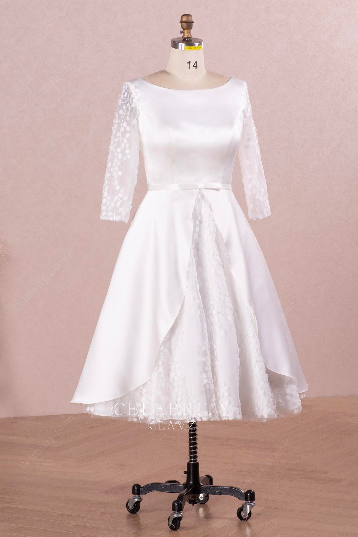 lace sleeve tea length wedding dress