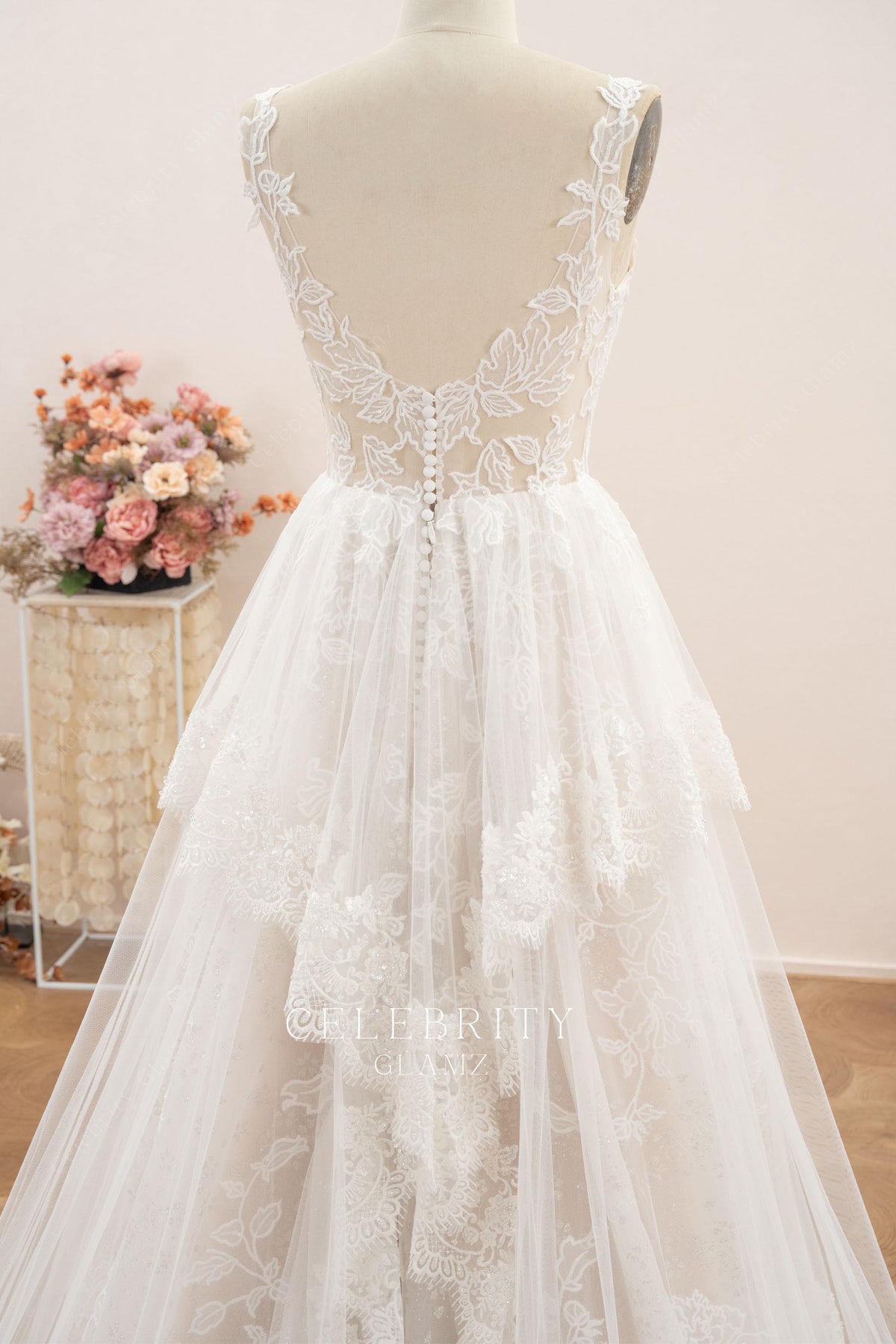 lace straps open back wedding dress