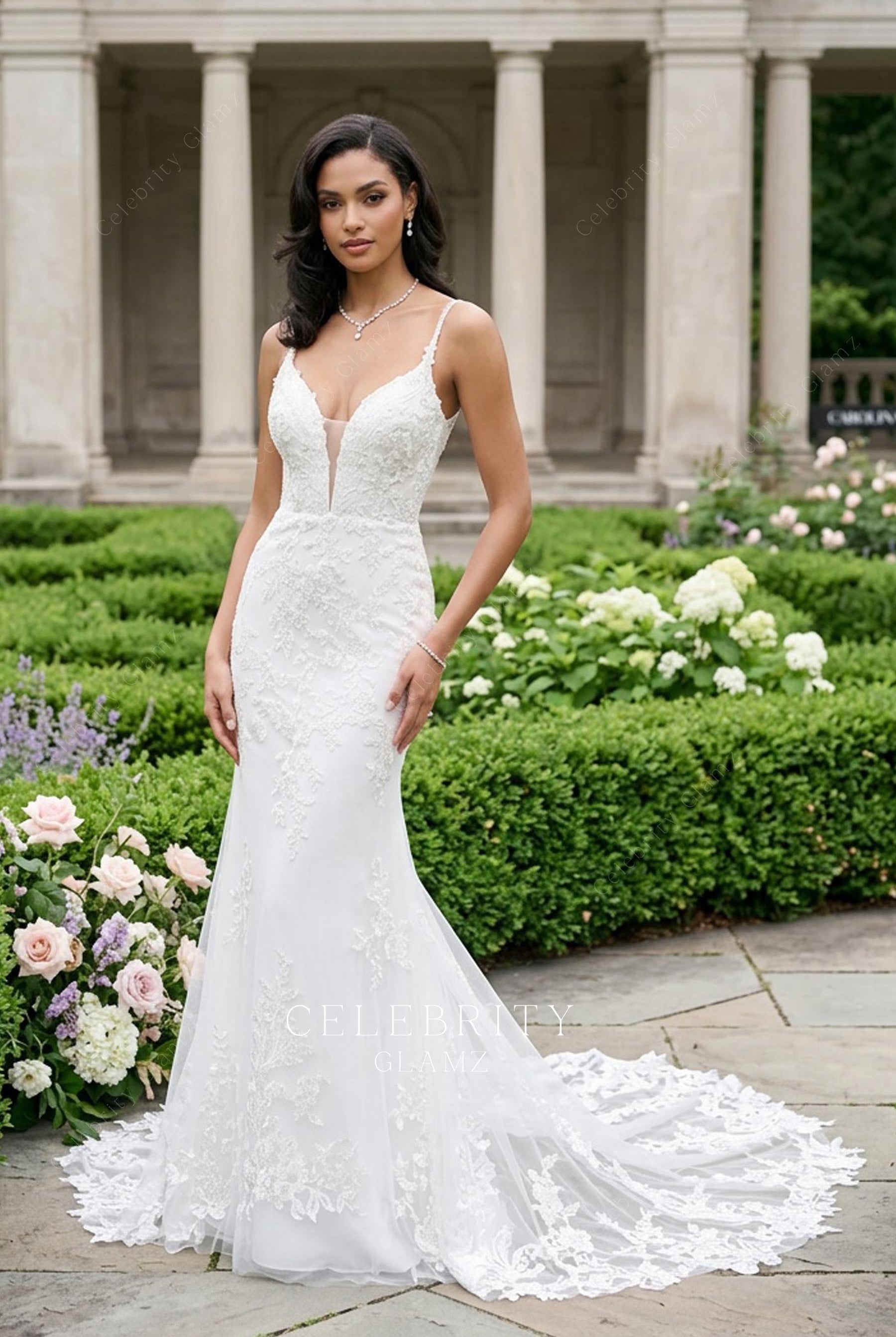 lace thin straps mermaid bridal dress