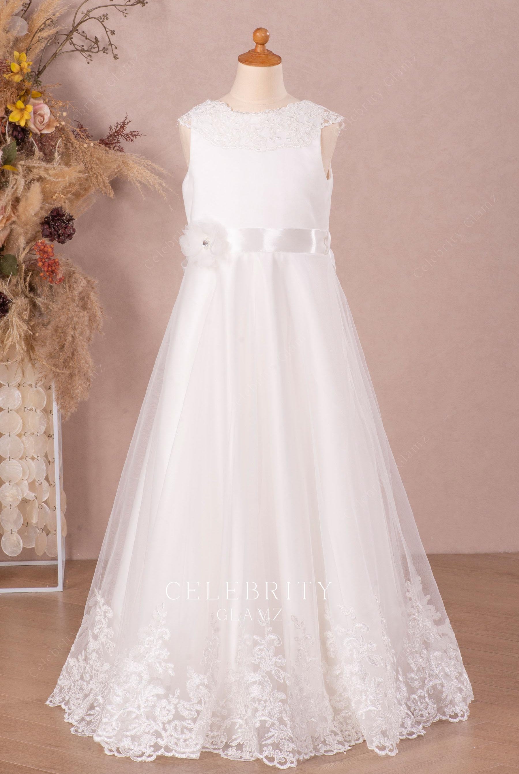 lace white tulle crew neck flower girl dress