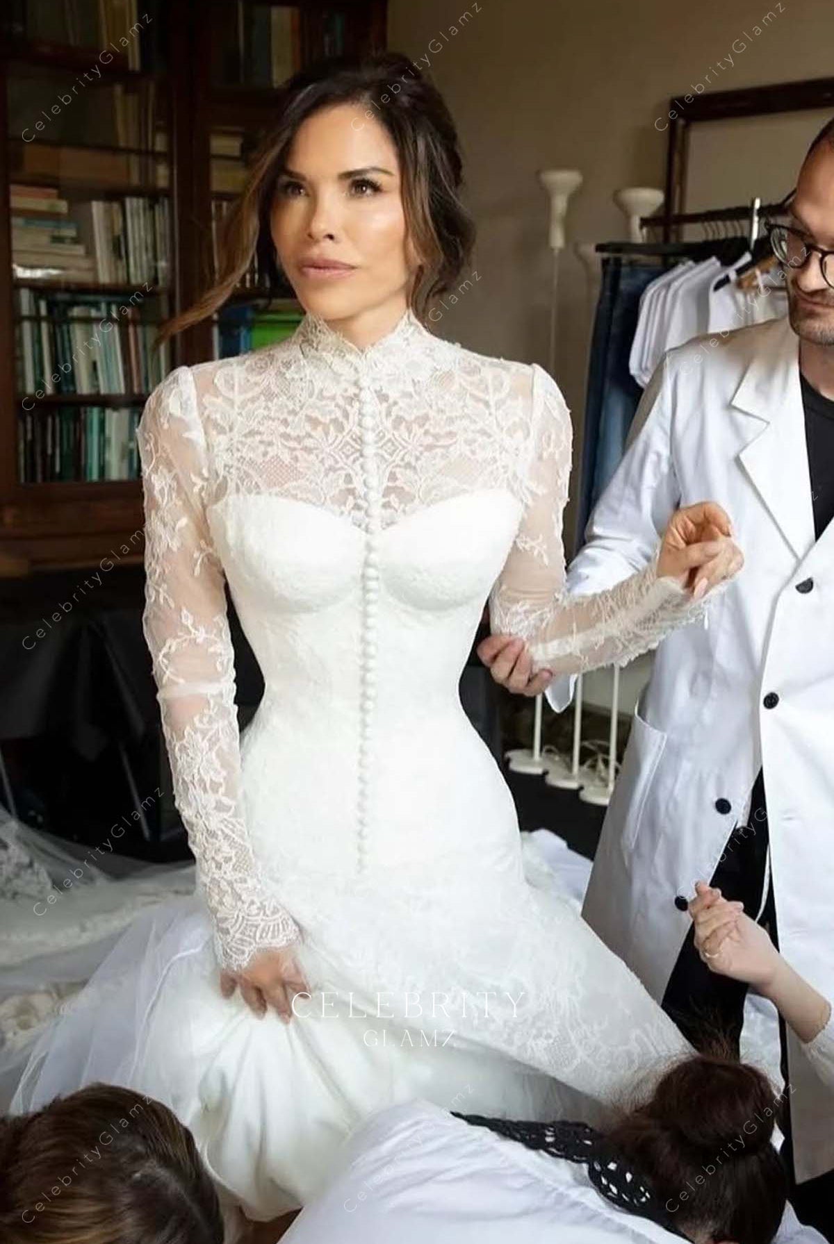 Lauren Sanchez lace illusion neck 2025 wedding dress