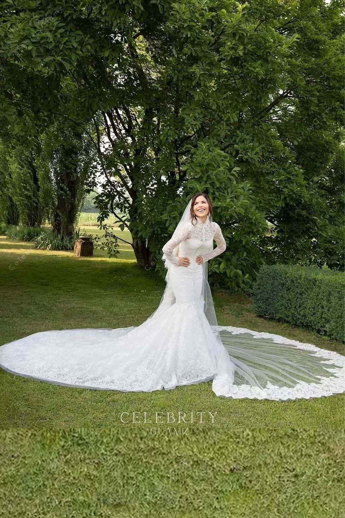 Lauren Sanchez trumpet 2025 cathedral train wedding dress