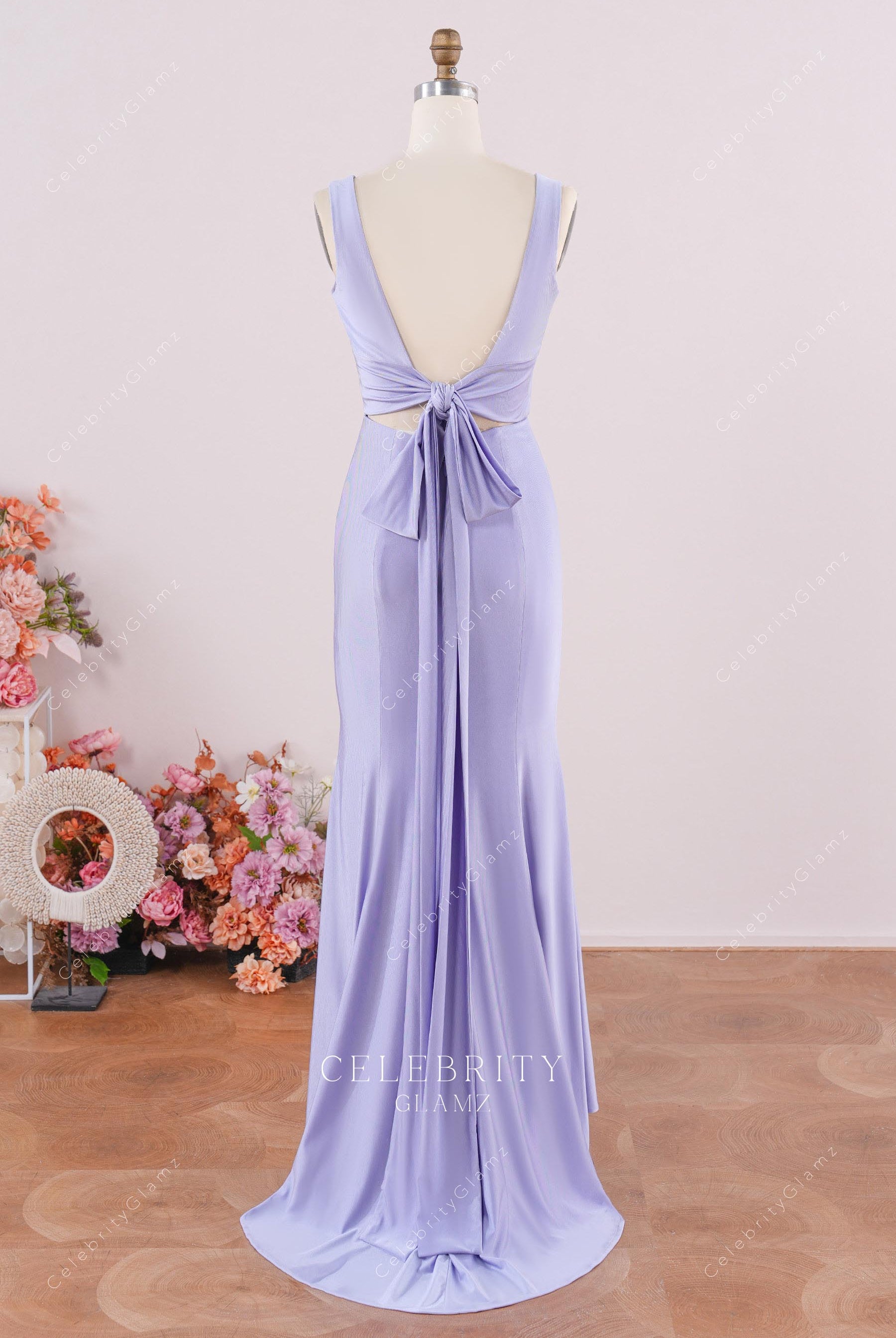 lavender jersey sweep train bridesmaid dress