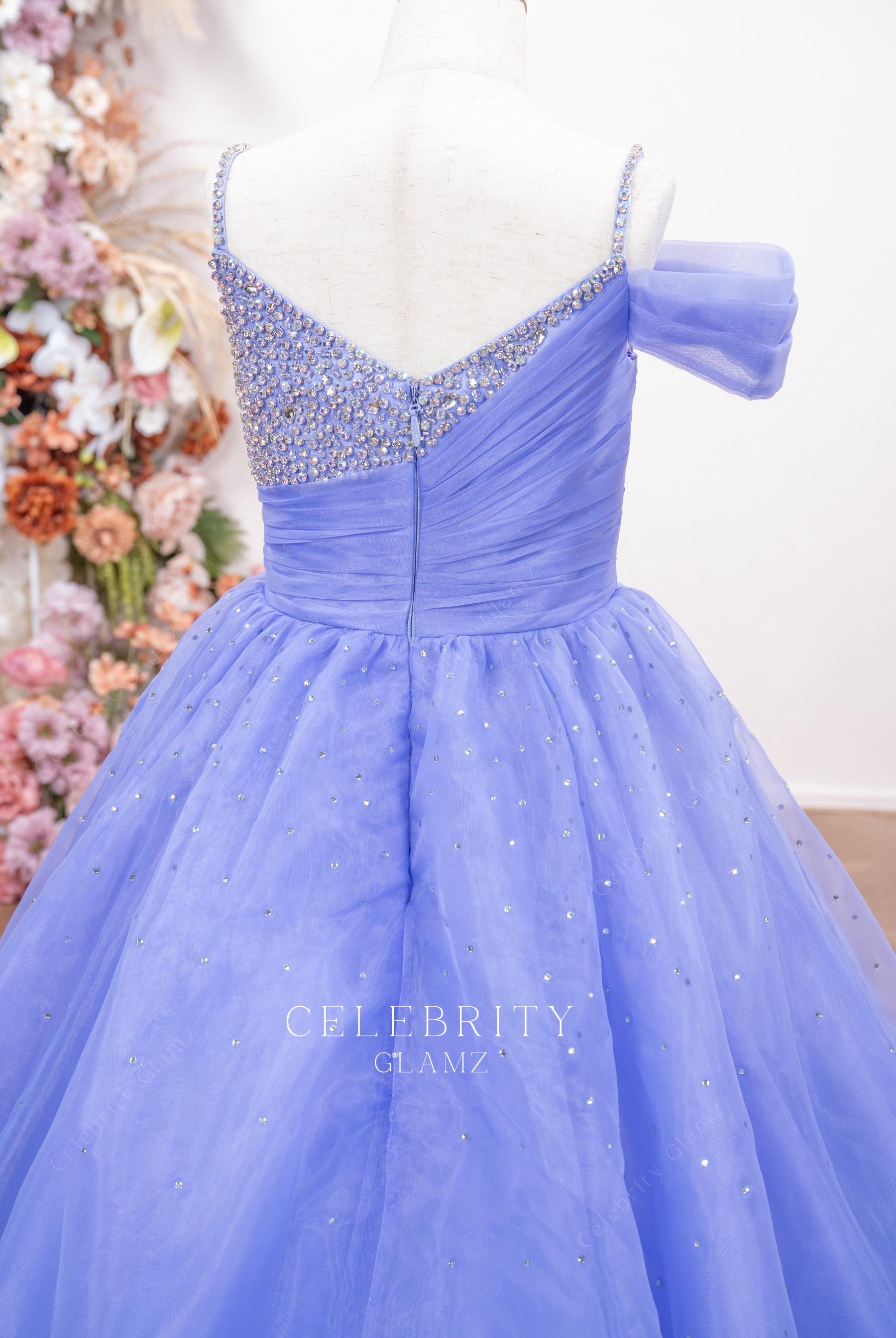lavender tulle beaded straps v back pageant dress