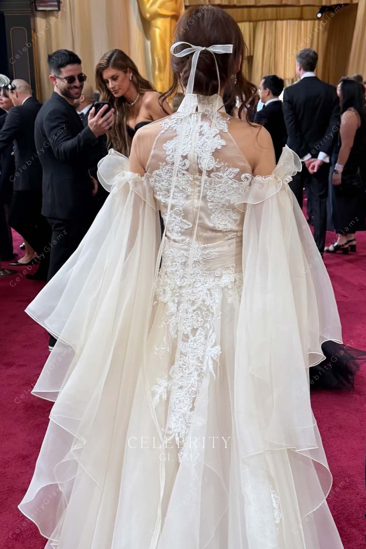 leendadong 2025 Oscars red carpet illusion lace back dress