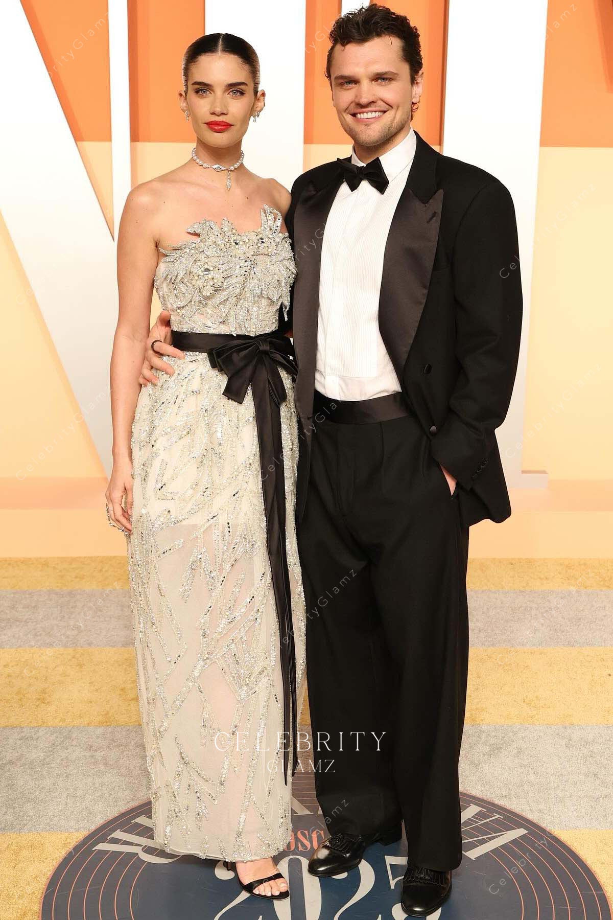 light champagne Sara Sampaio crystals 2025 Vanity fair party dress