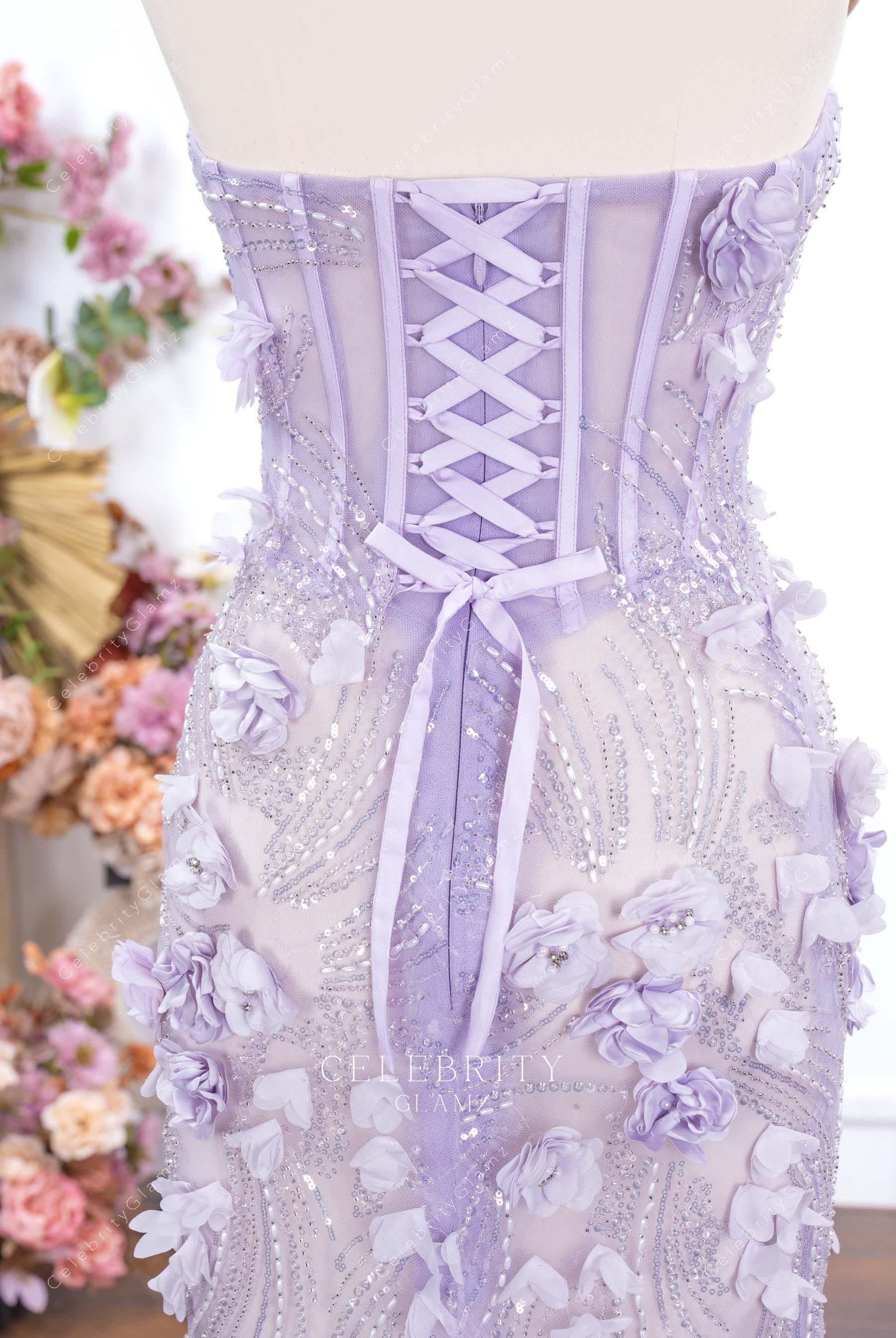 lilac 3d floral corset mermaid evening dress