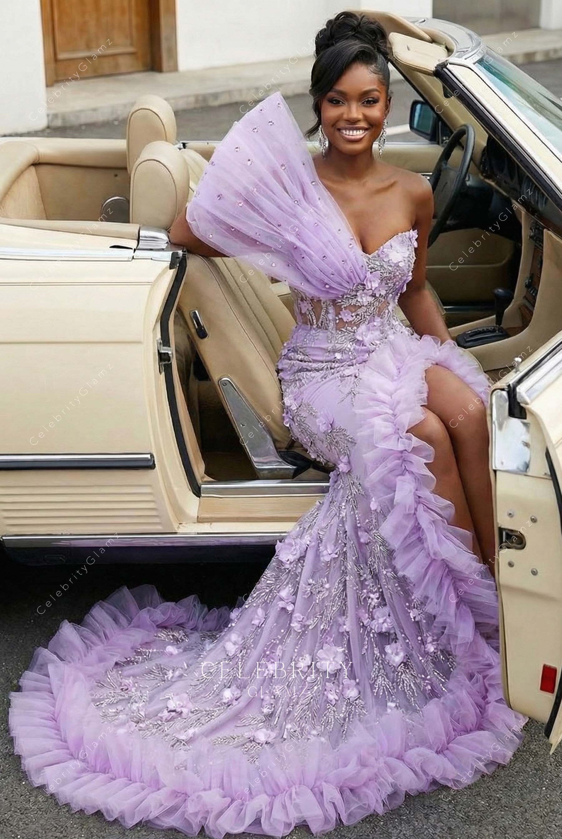 lilac 3d floral split prom dress