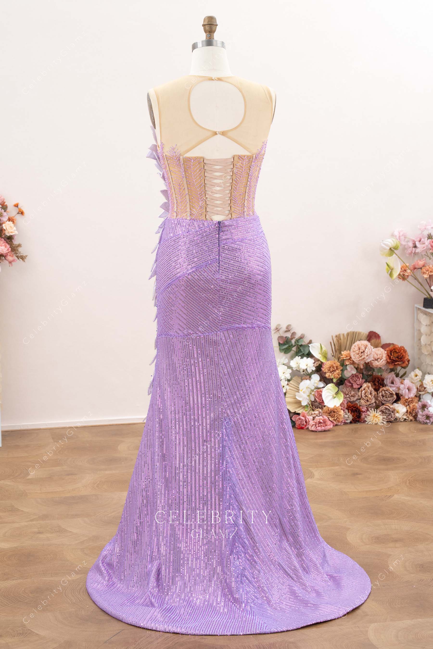 lilac fit flare sweep train prom dress
