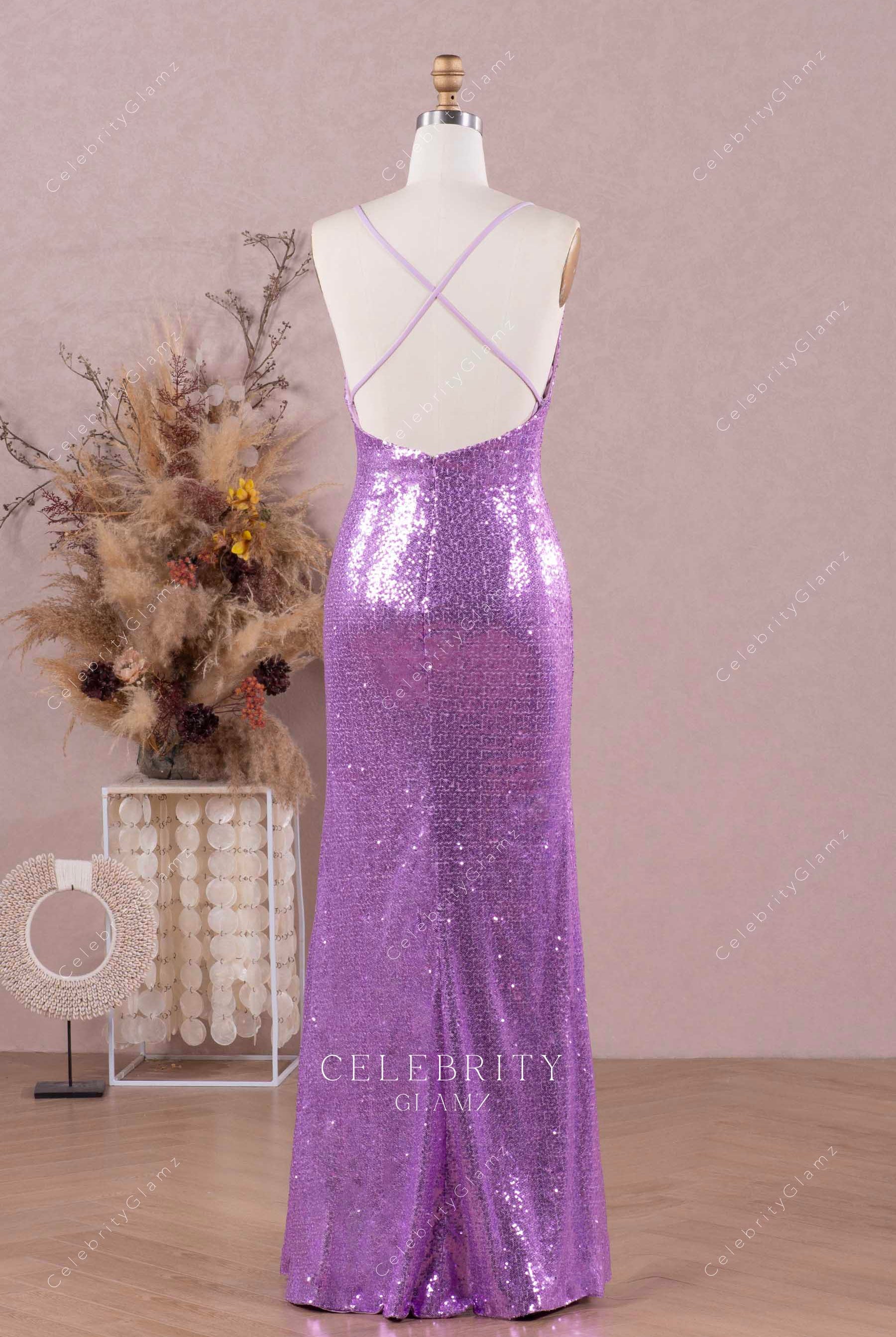 lilac glitter fit flare prom dress