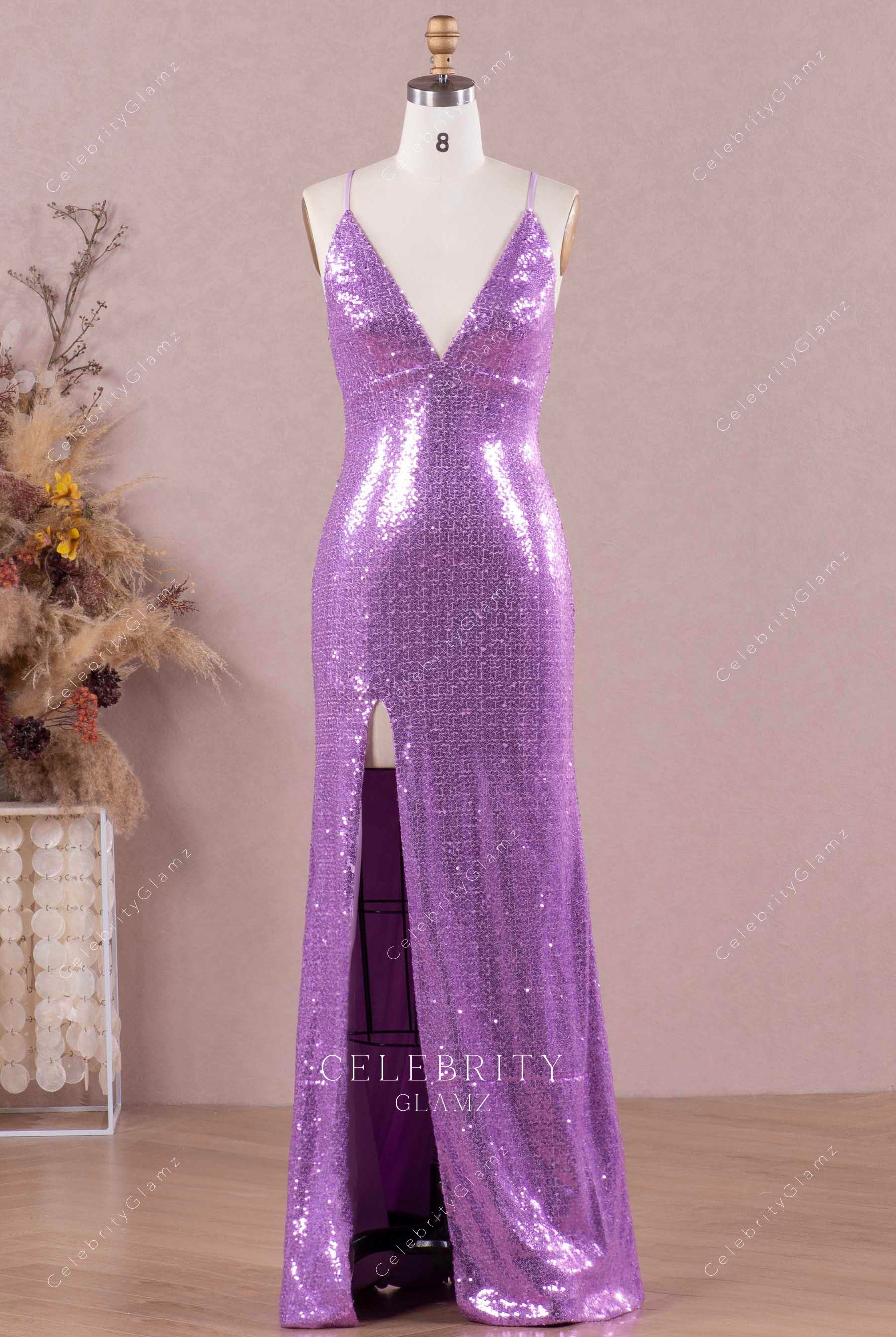 lilac glitter high slit prom dress