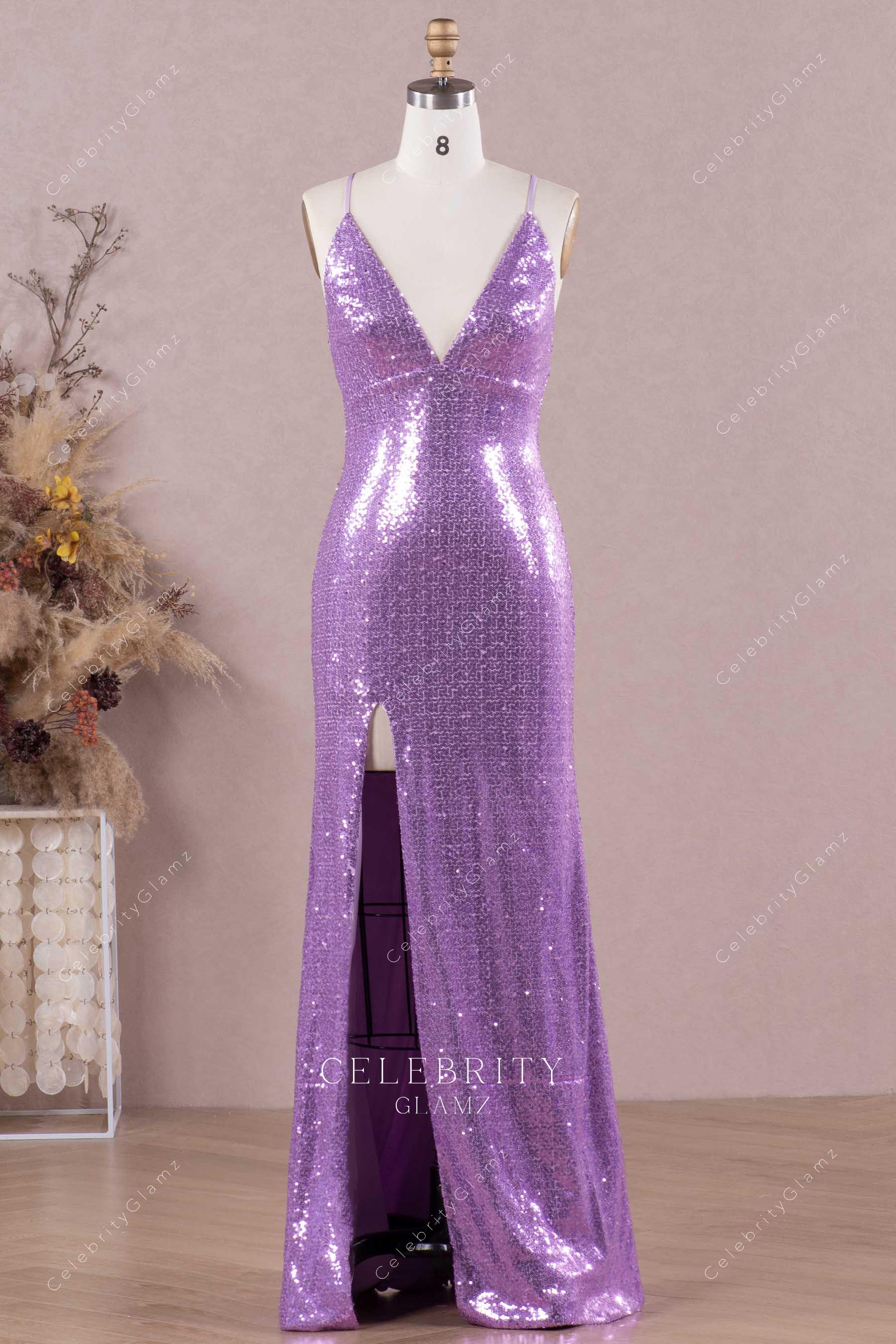 lilac glitter high slit prom dress