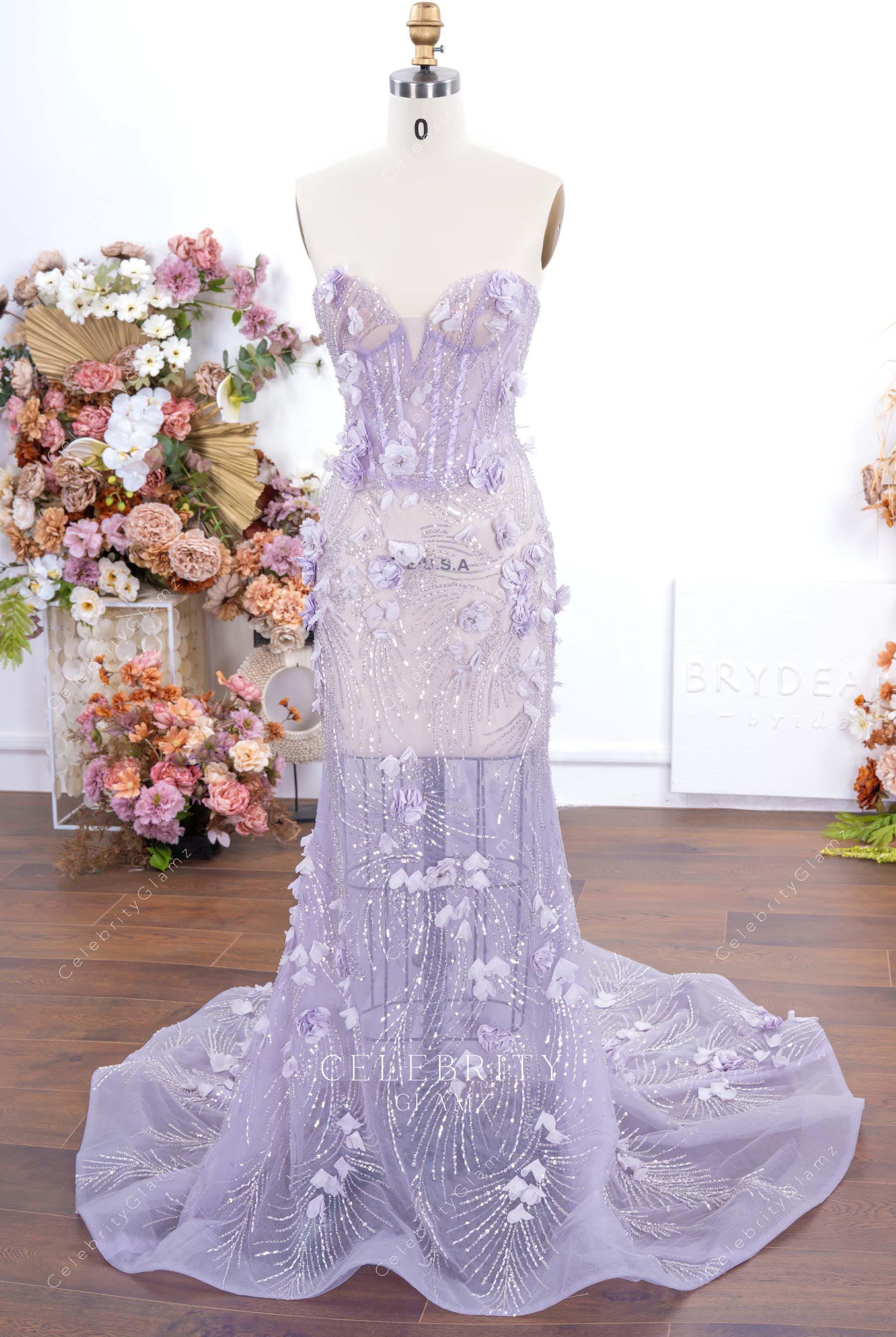 lilac glitter strapless mermaid evening dress