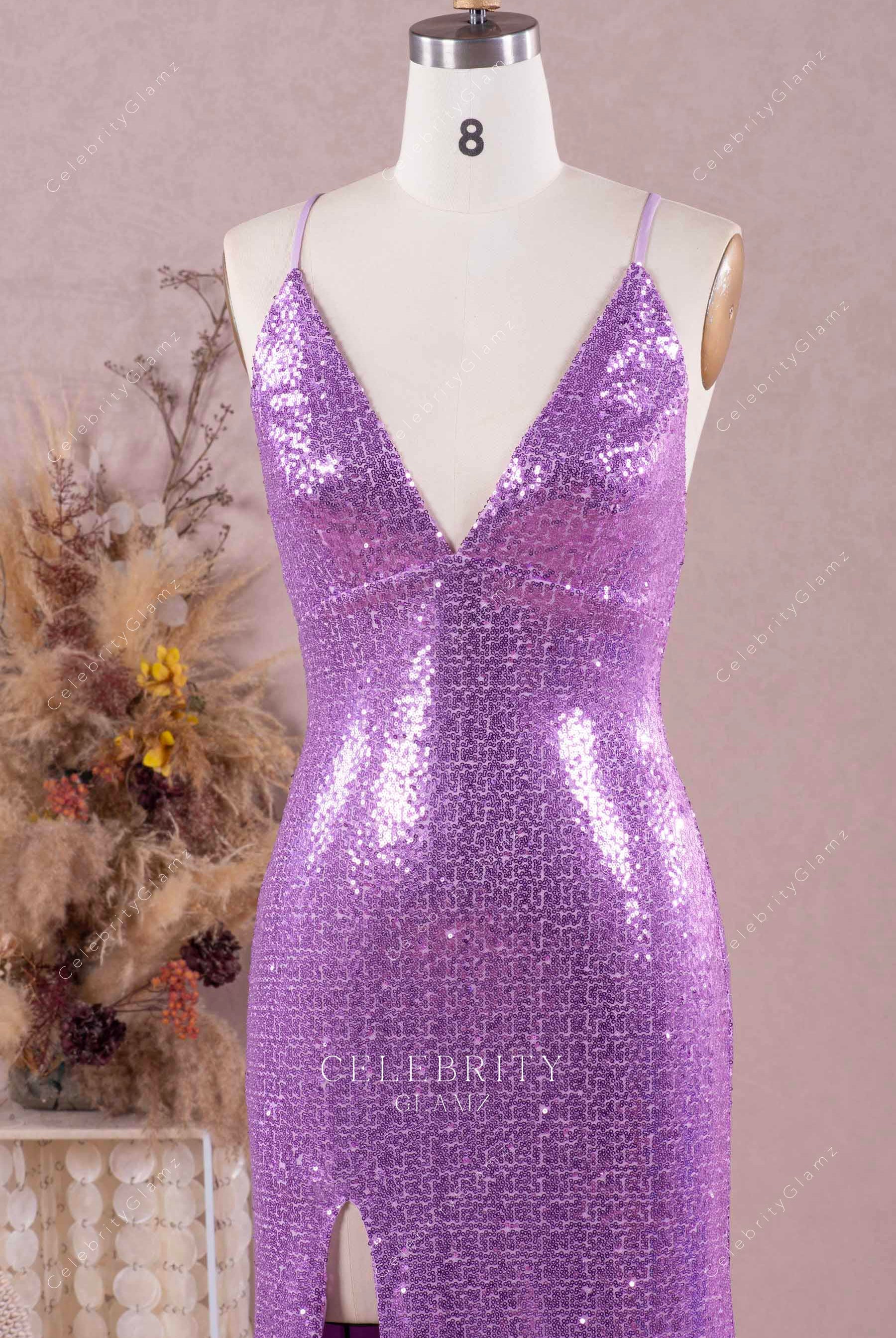 lilac glitter v neck prom dress