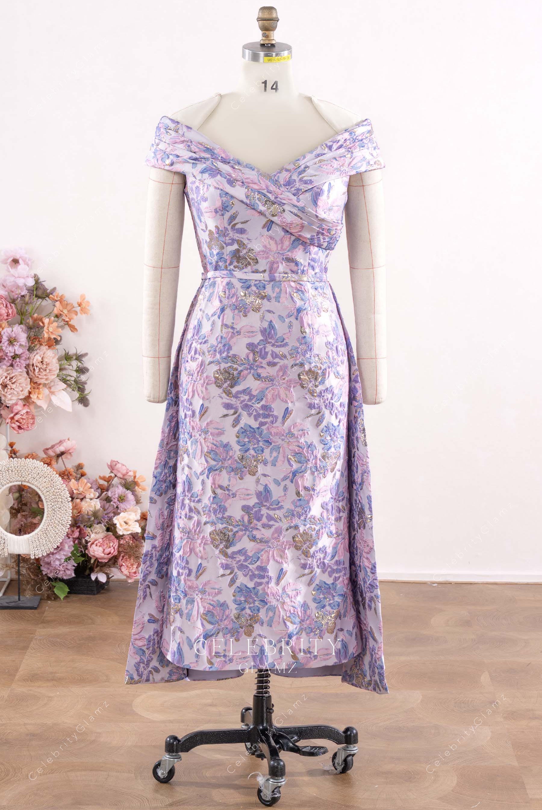 lilac jacquard overskirt mother of bride dress