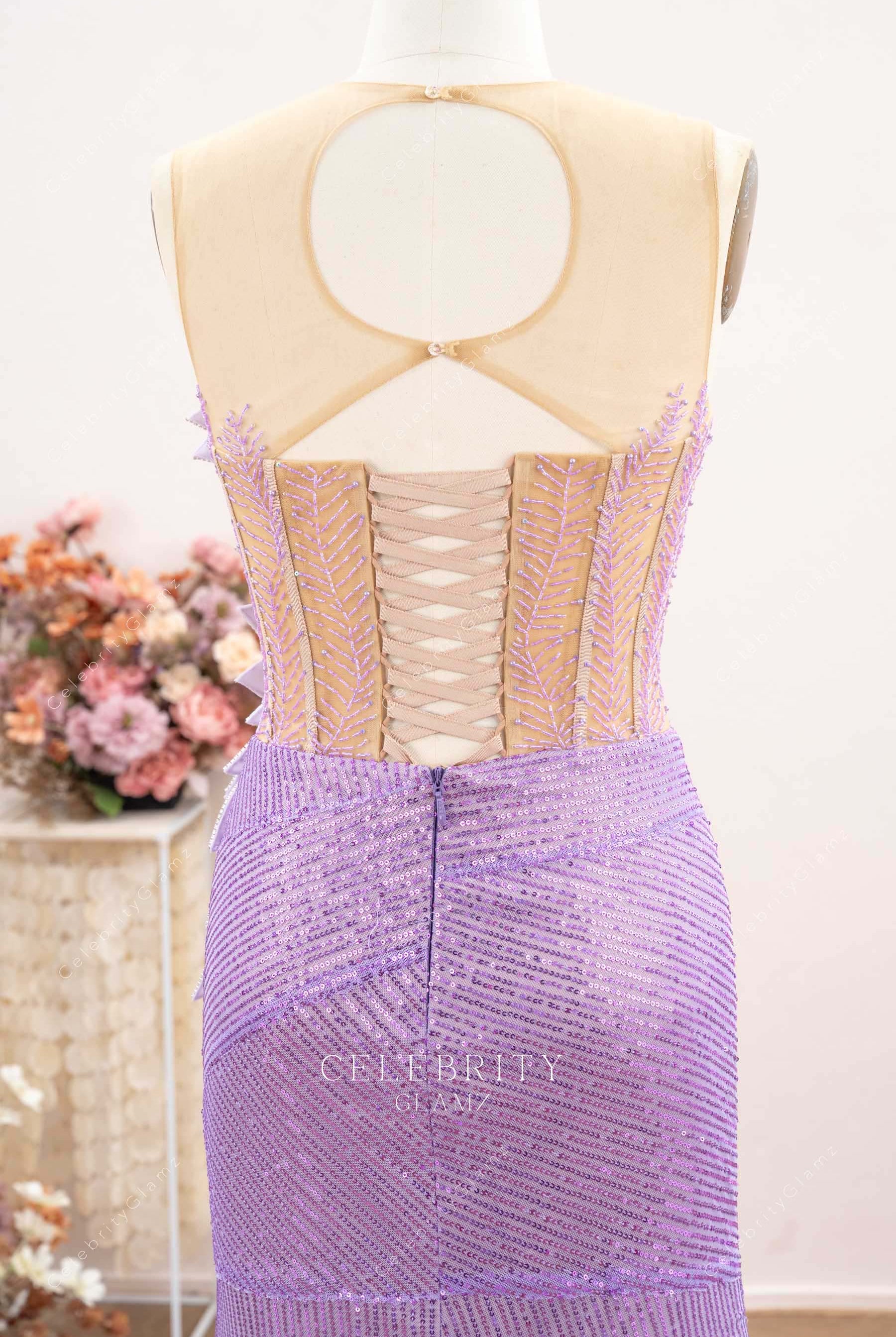 lilac lace up back sequined prom dress