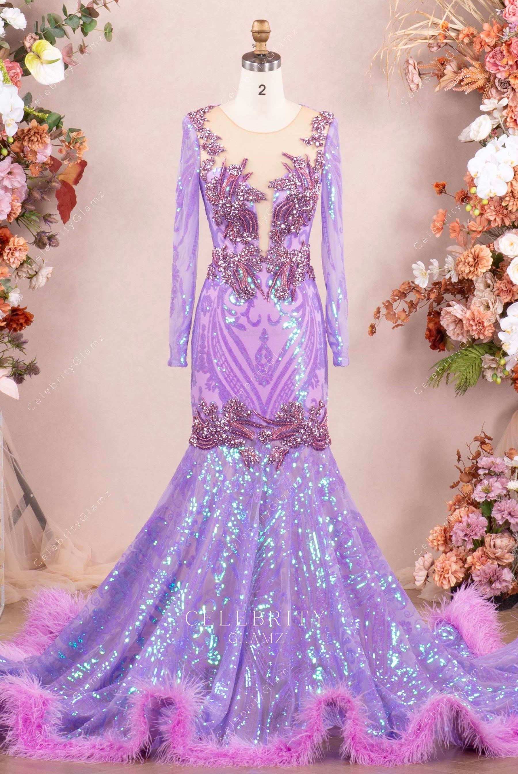 lilac long sleeves feather prom dress