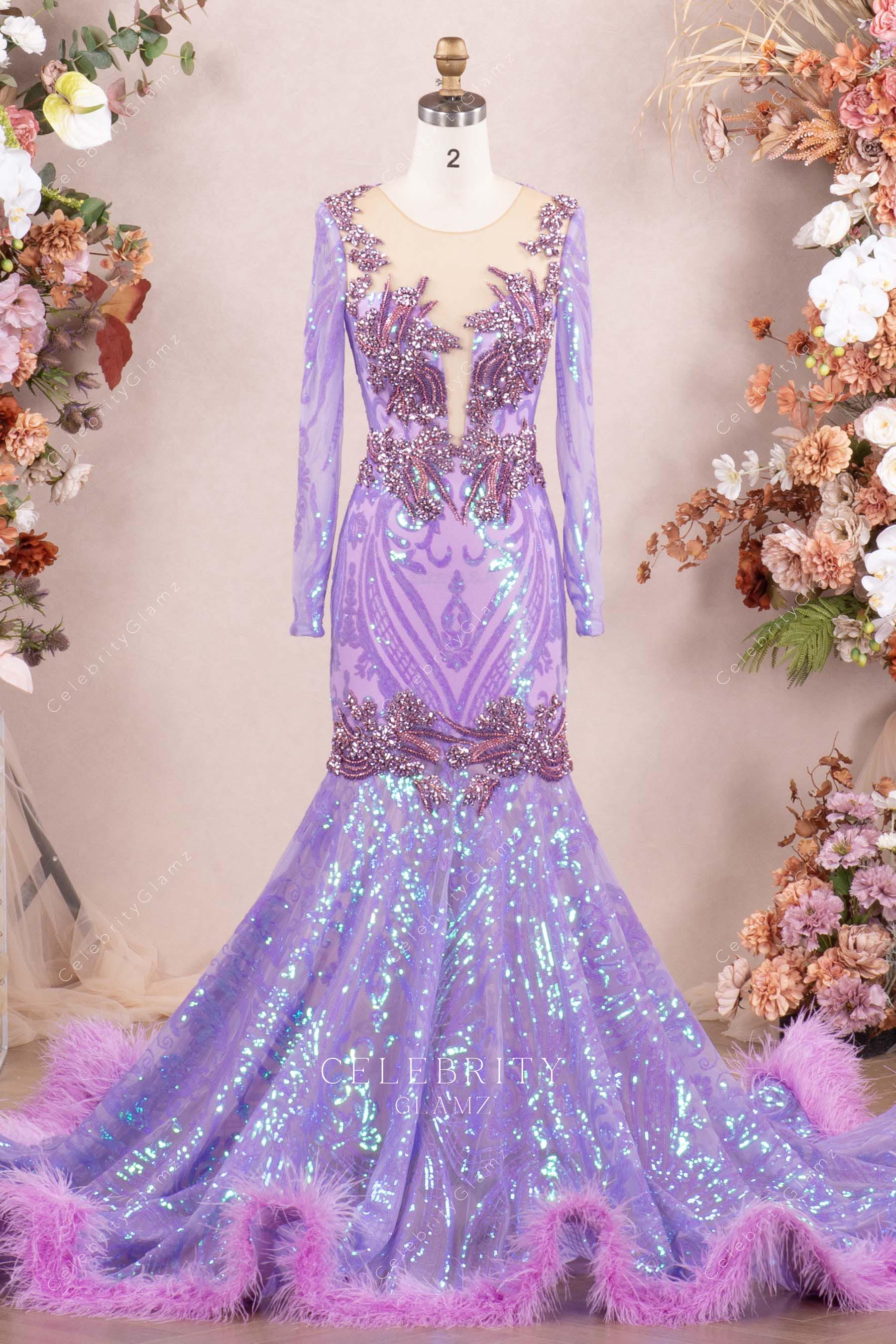 lilac long sleeves feather prom dress