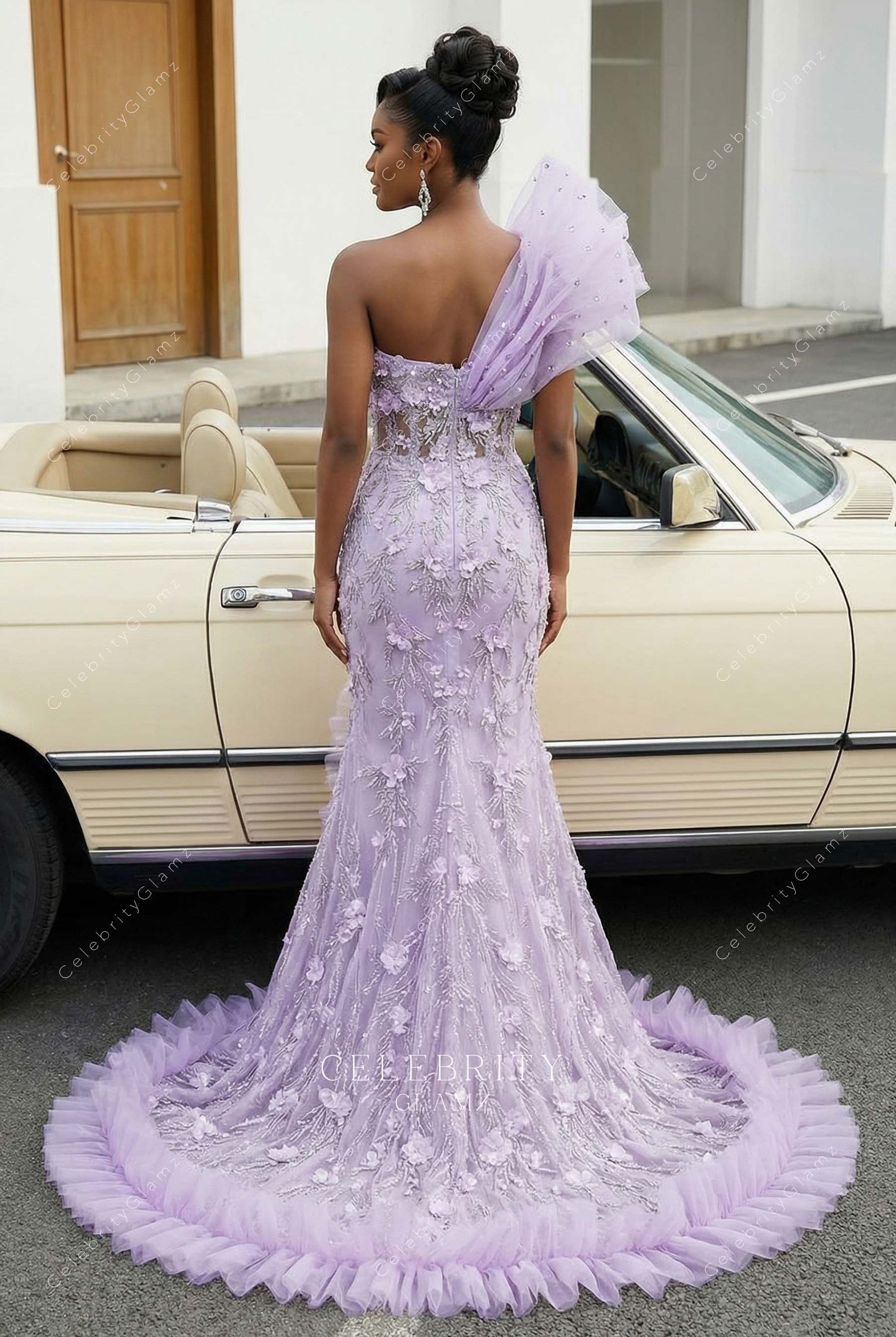 lilac mermaid court train prom dress