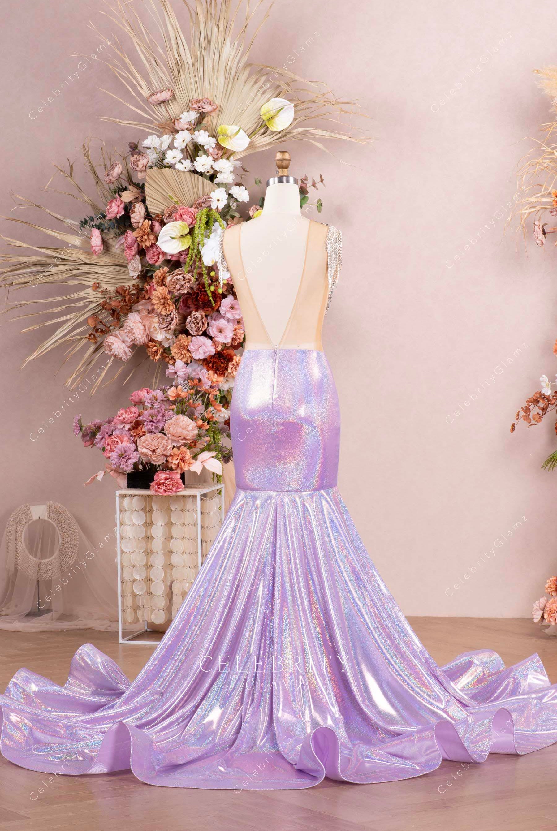 lilac open v back formal dress