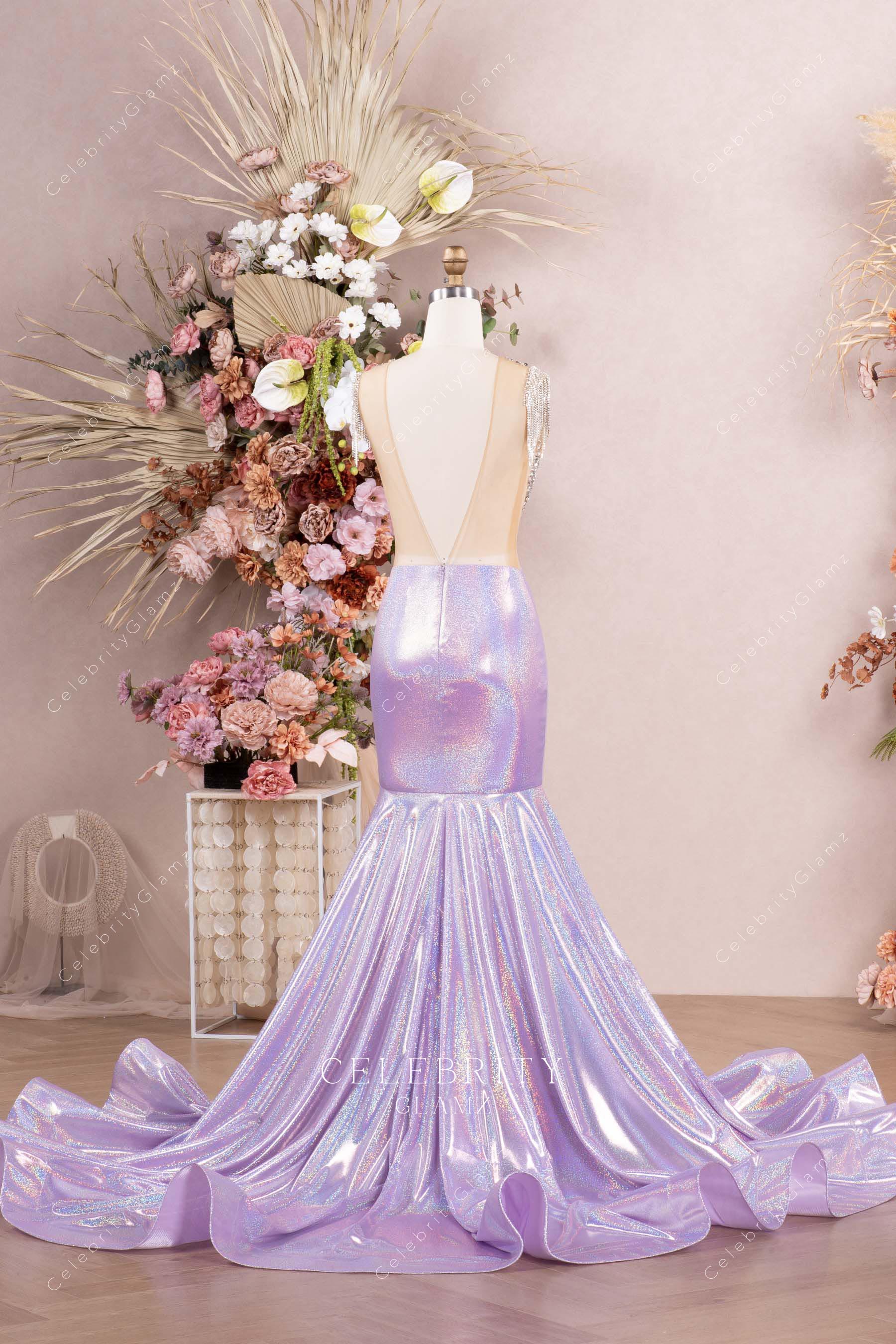 lilac open v back formal dress
