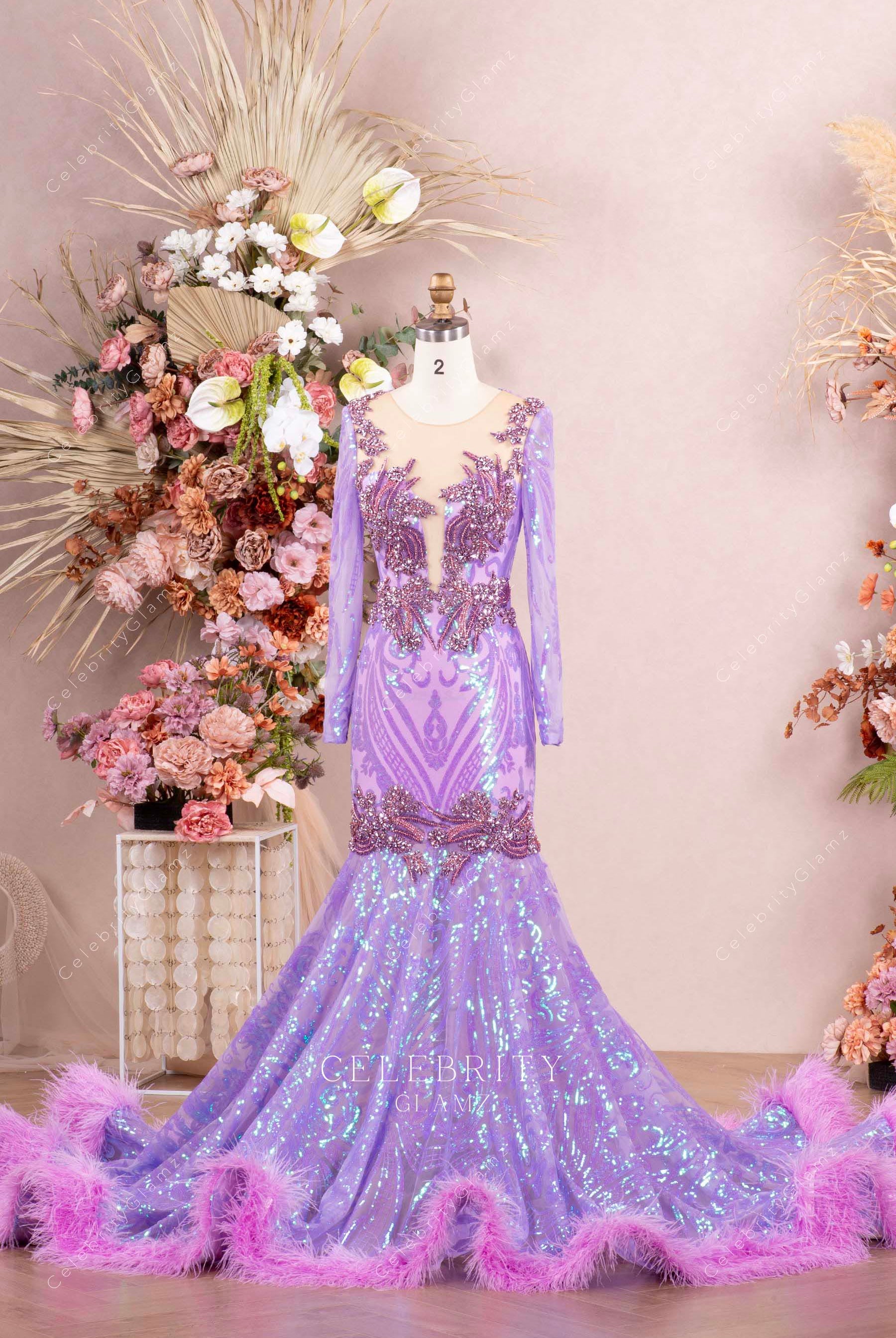lilac sequin feather trumpet formal dress