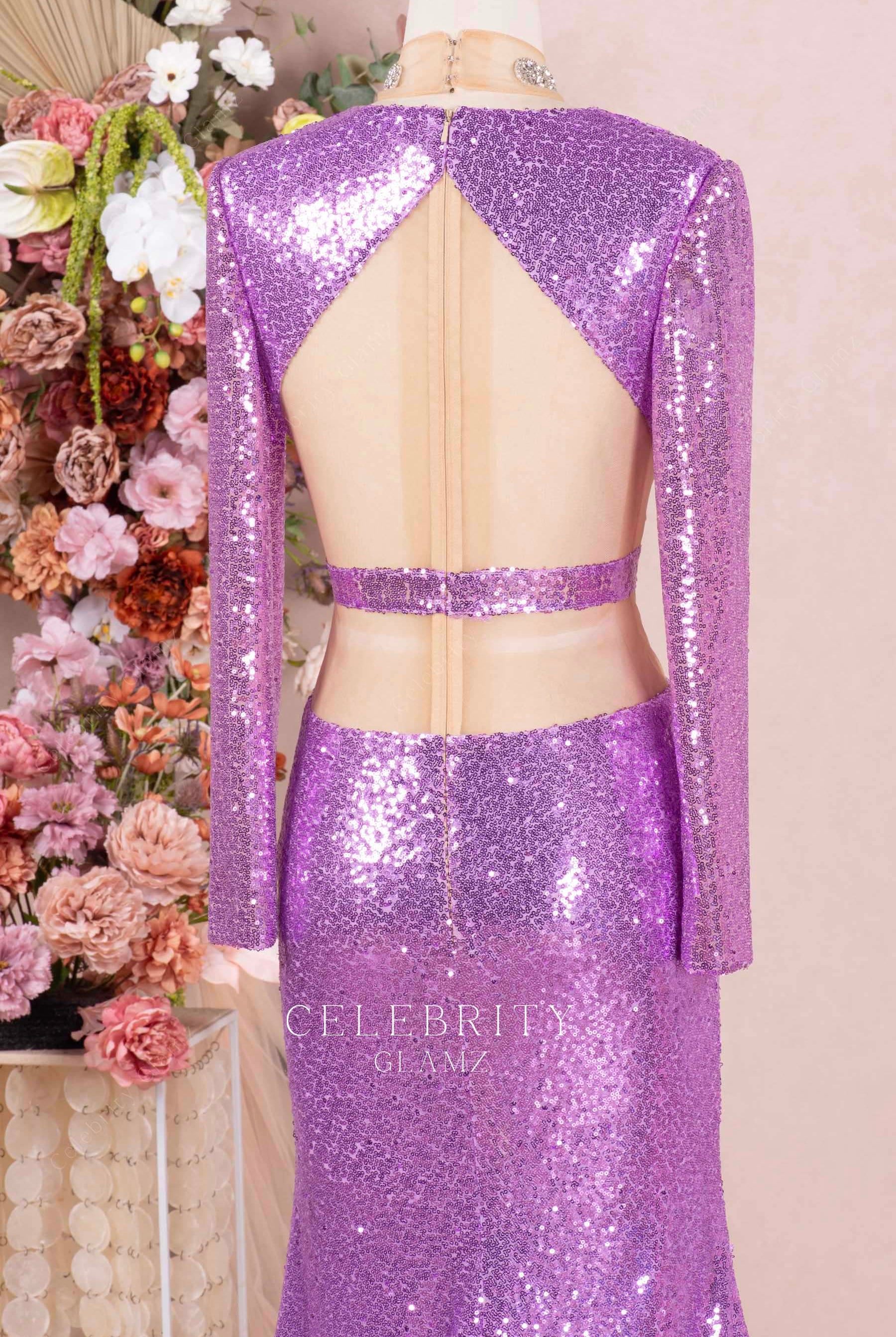 lilac sequin illusion back formal dress