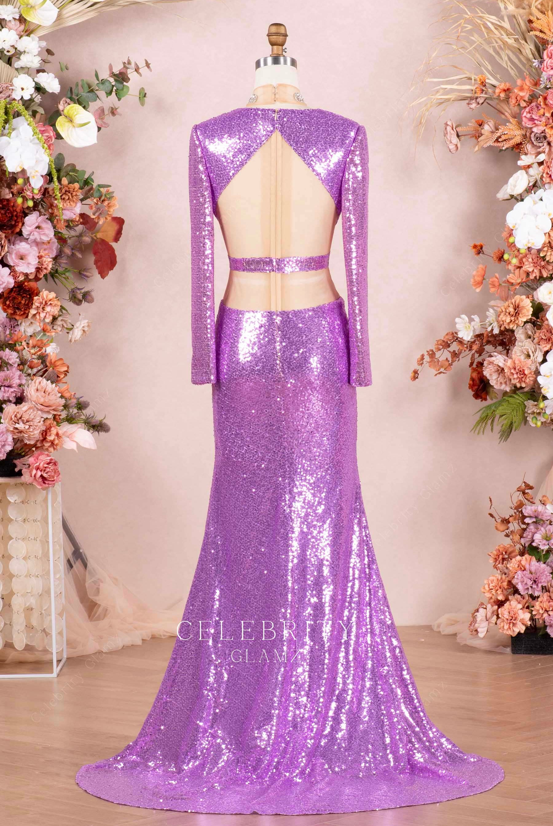 lilac sequin sweep train formal dress