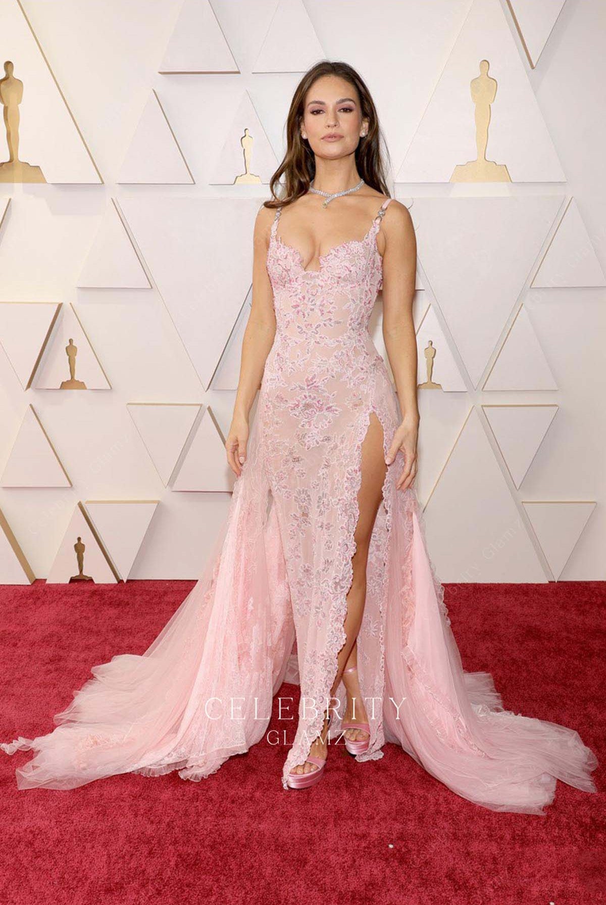 Lily James Lace Long Train Prom Dress Oscars 2022