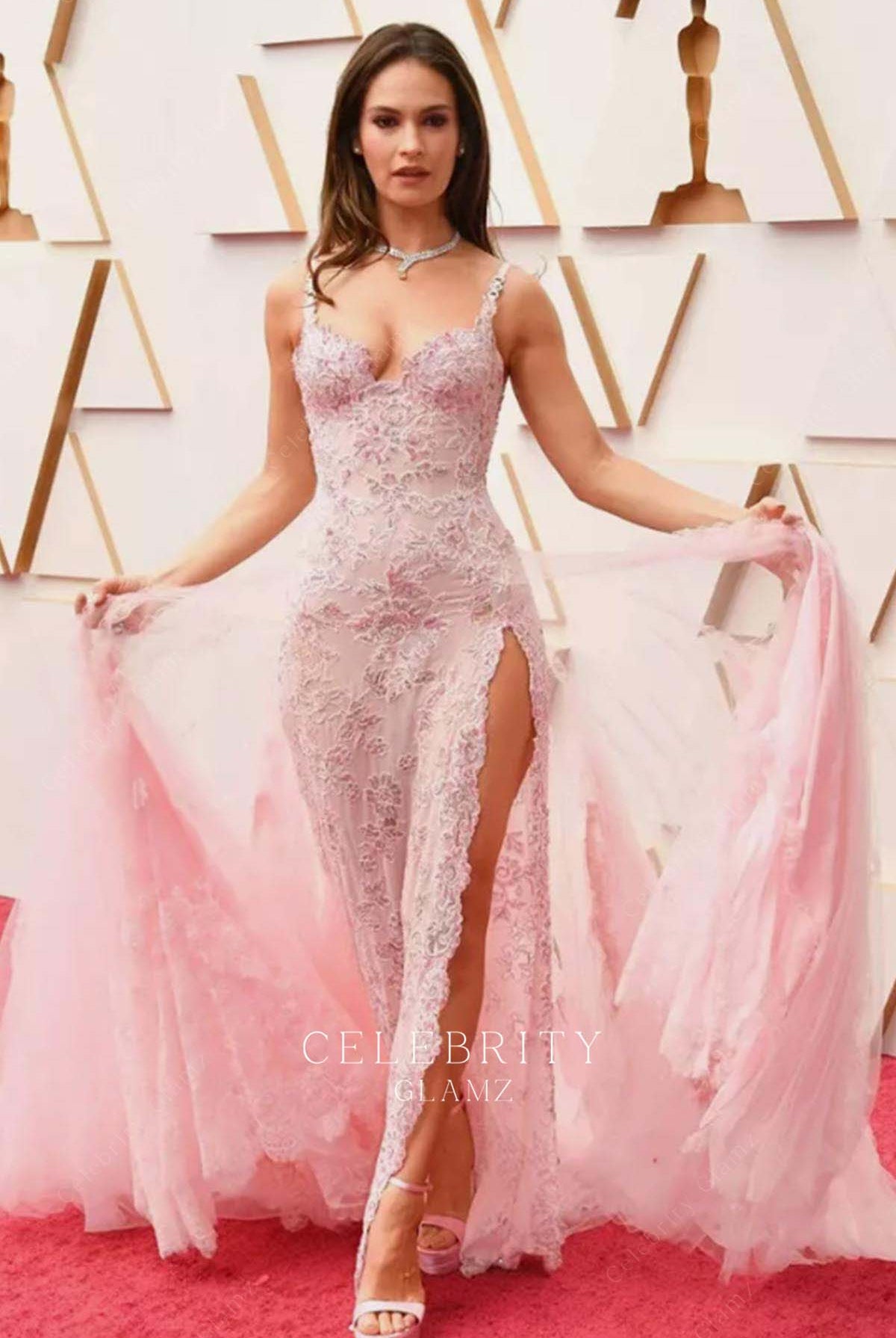 Lily James Sparkly Pin Prom Dress Oscars 2022