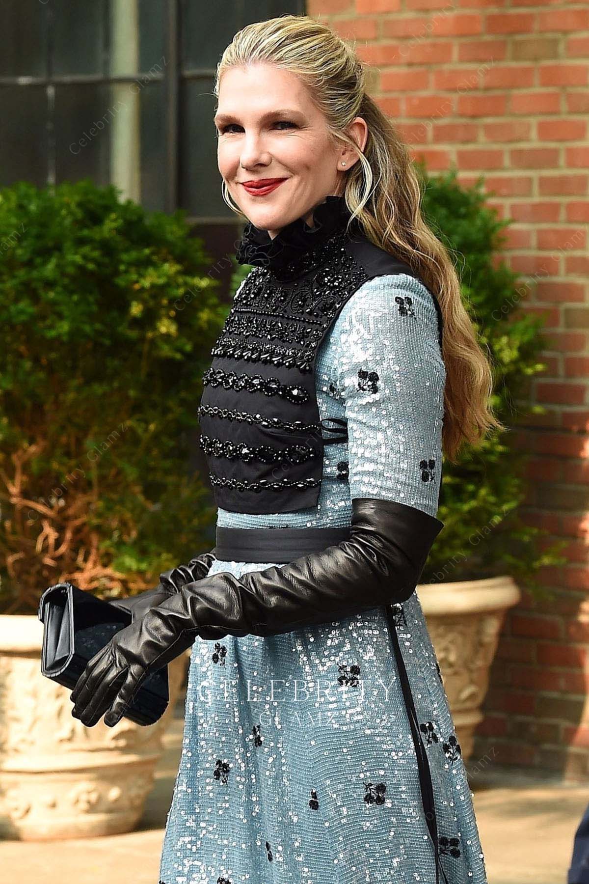 Lily Rabe black beaded high neck prom dress 76th tony awards