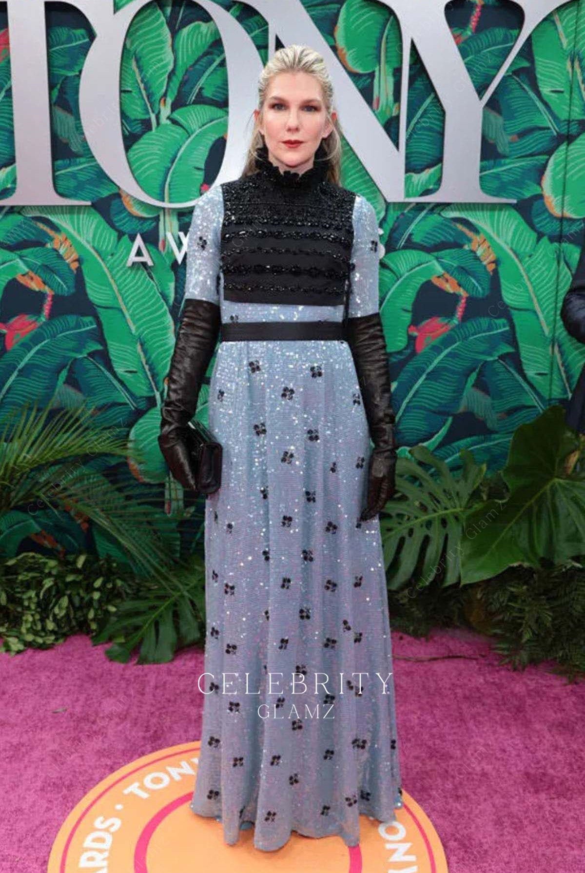 Lily Rabe dusty blue a line prom dress 76th tony awards