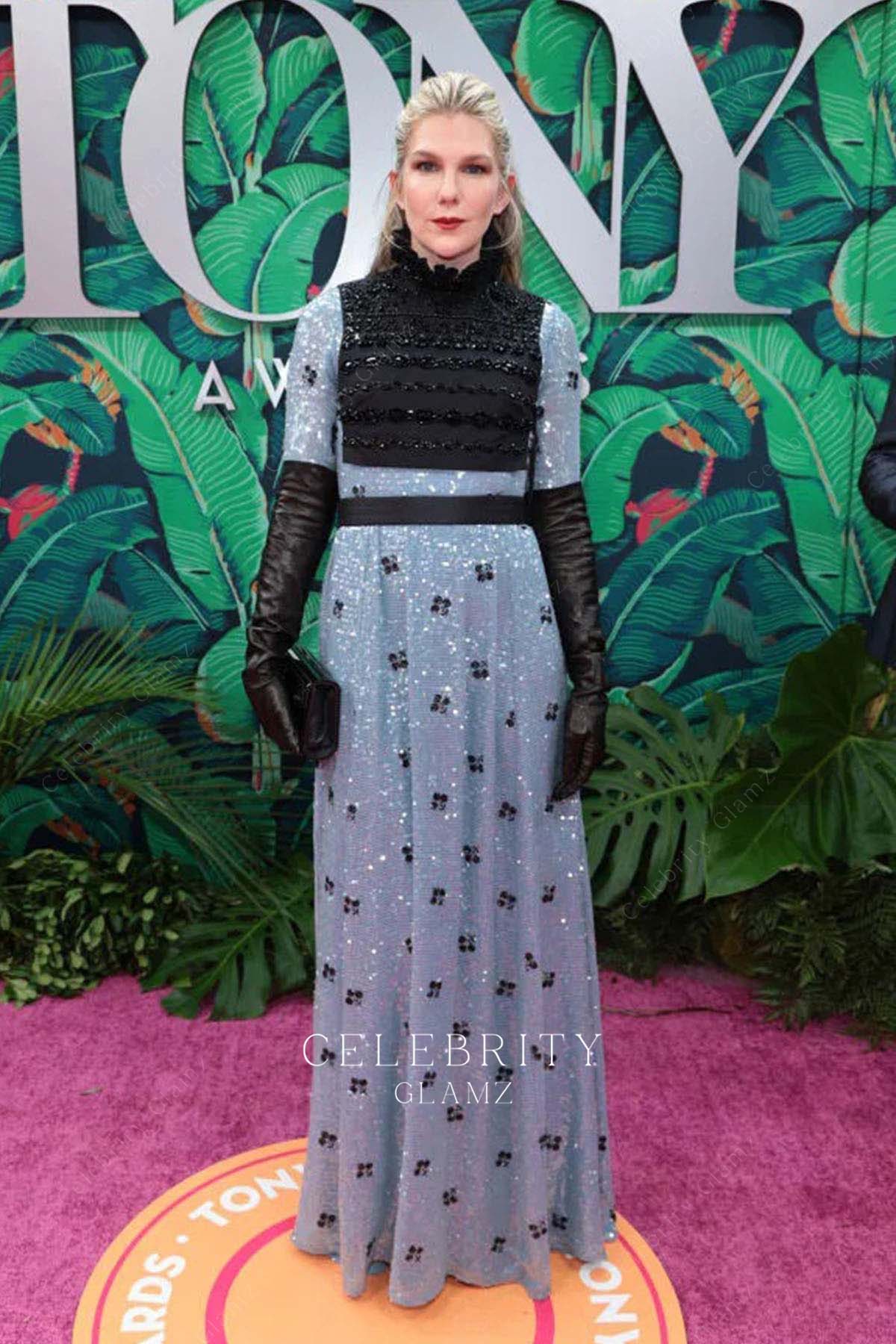 Lily Rabe dusty blue a line prom dress 76th tony awards