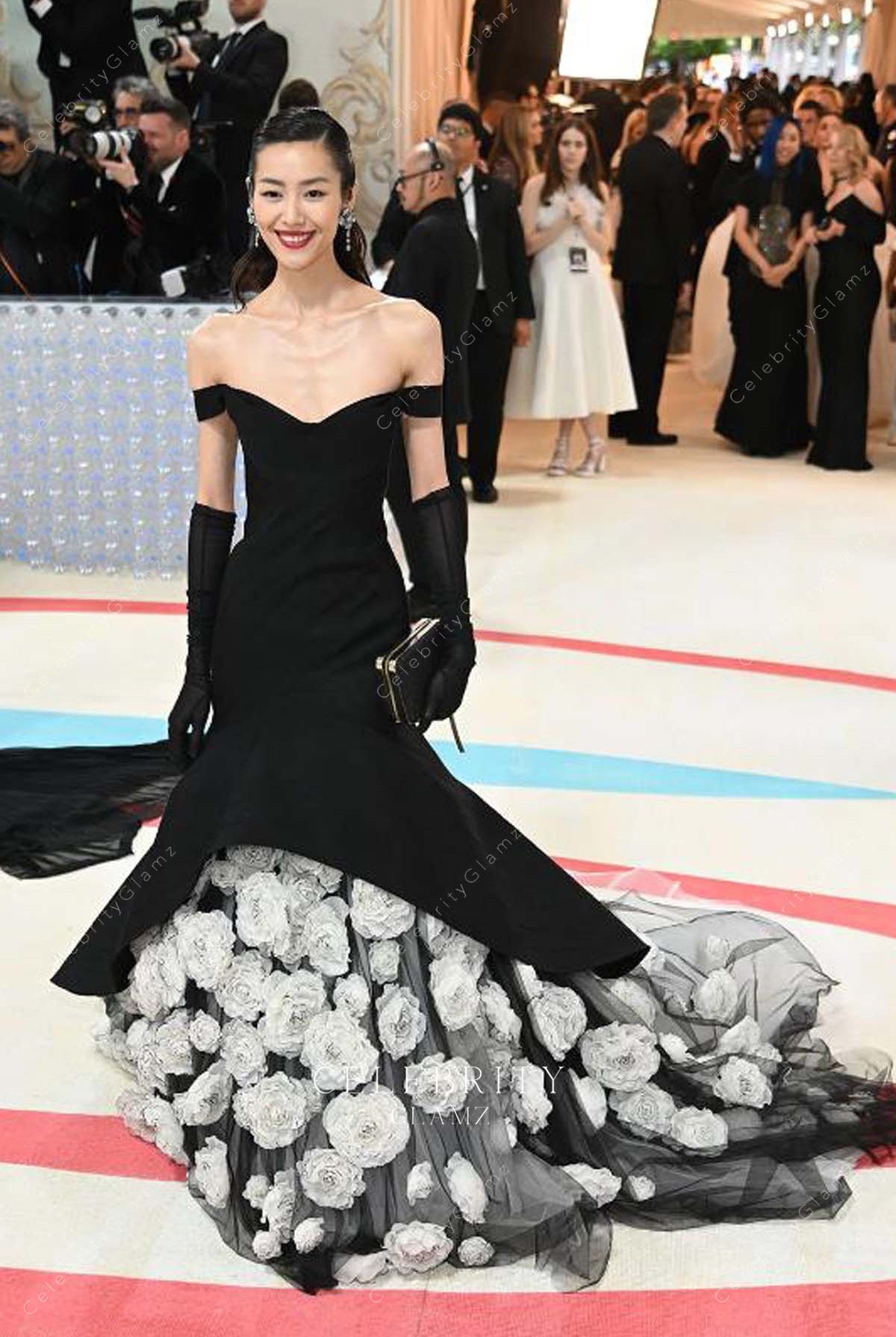 Liu Wen off shoulder trumpet met gala 2023 dress